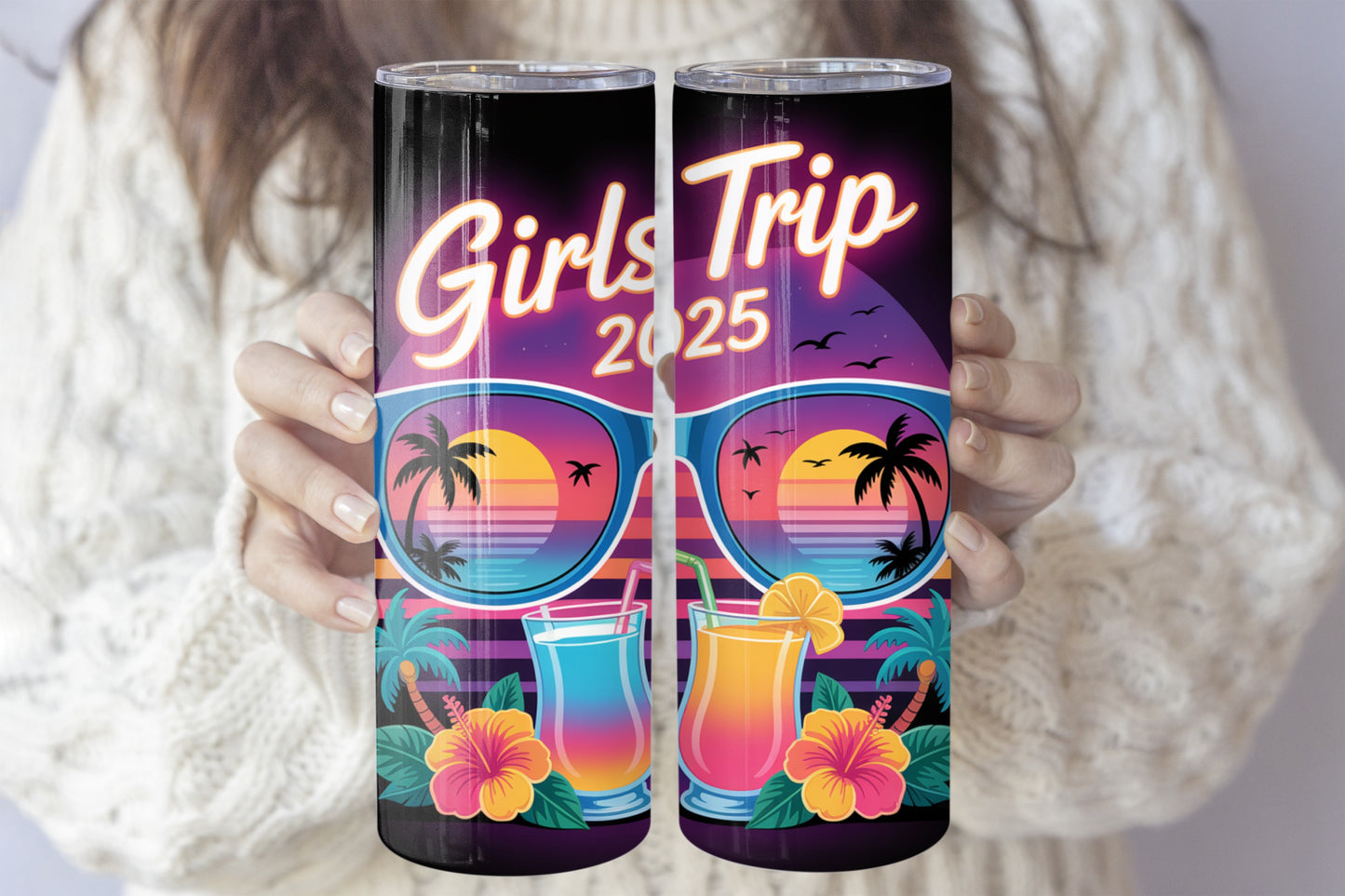Girls Trip 2025 Steel Water Bottle, Beach Sunset Cocktail Tumbler