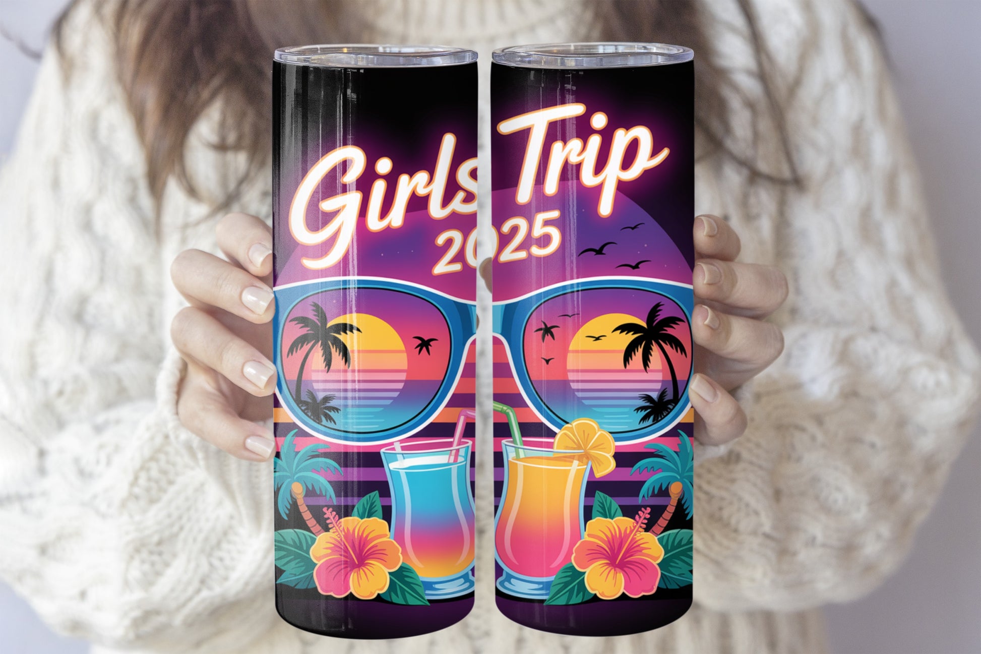 Girls Trip 2025 Steel Water Bottle, Beach Sunset Cocktail Tumbler