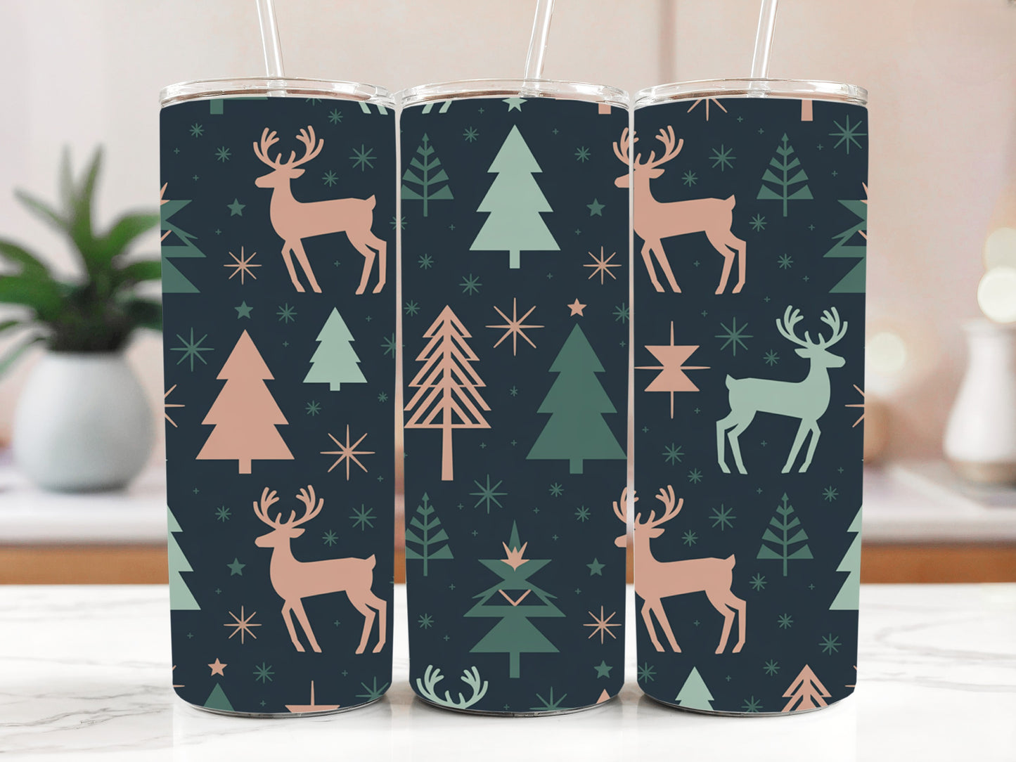 Cozy Christmas Stainless Steel Tumbler, Reindeer & Pine Tree Design