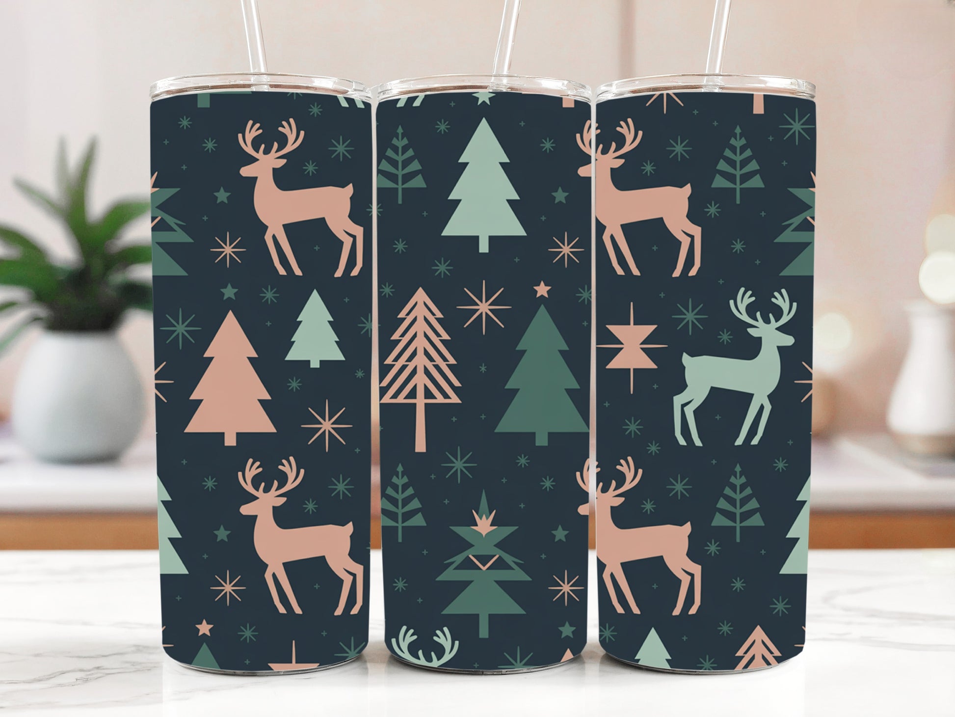Cozy Christmas Stainless Steel Tumbler, Reindeer & Pine Tree Design