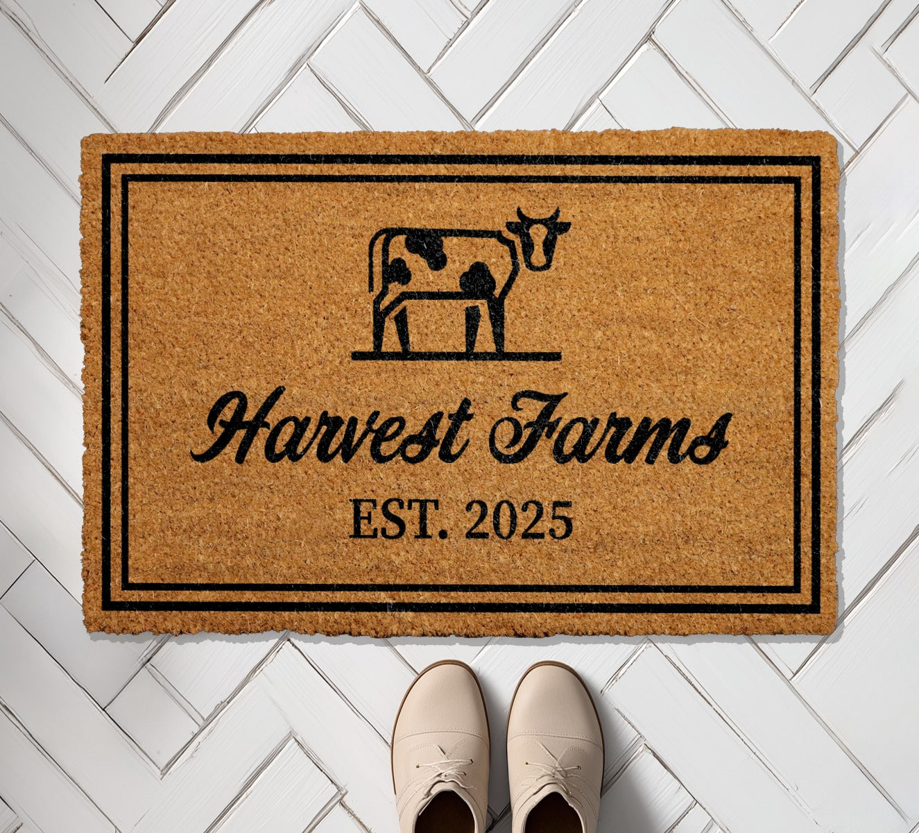 Custom Farmhouse Welcome Mat, Personalized for Cow Decor & Housewarming.