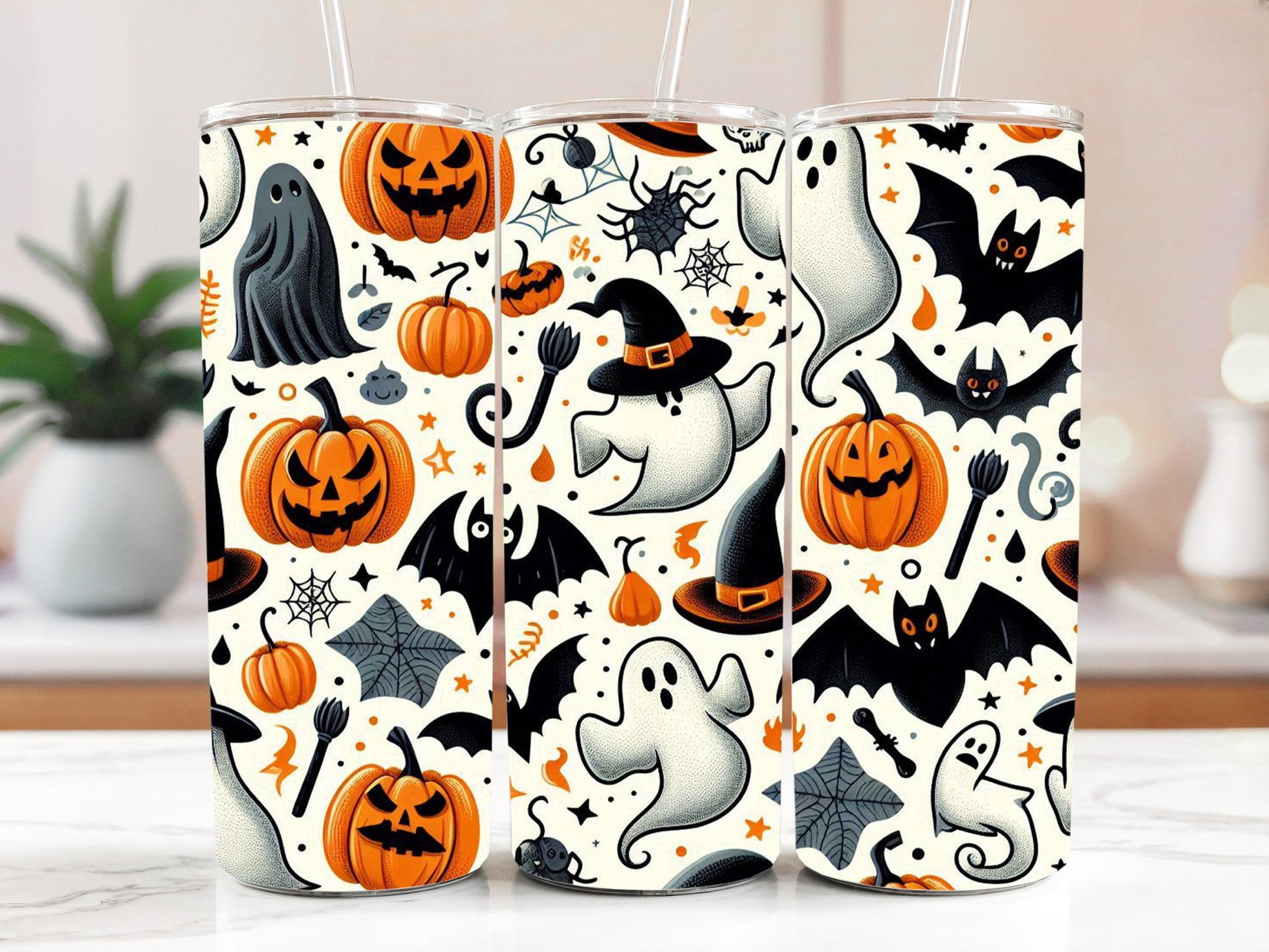 Spooky Bats, Ghosts, and Jack-O-Lantern Tumbler with Straw