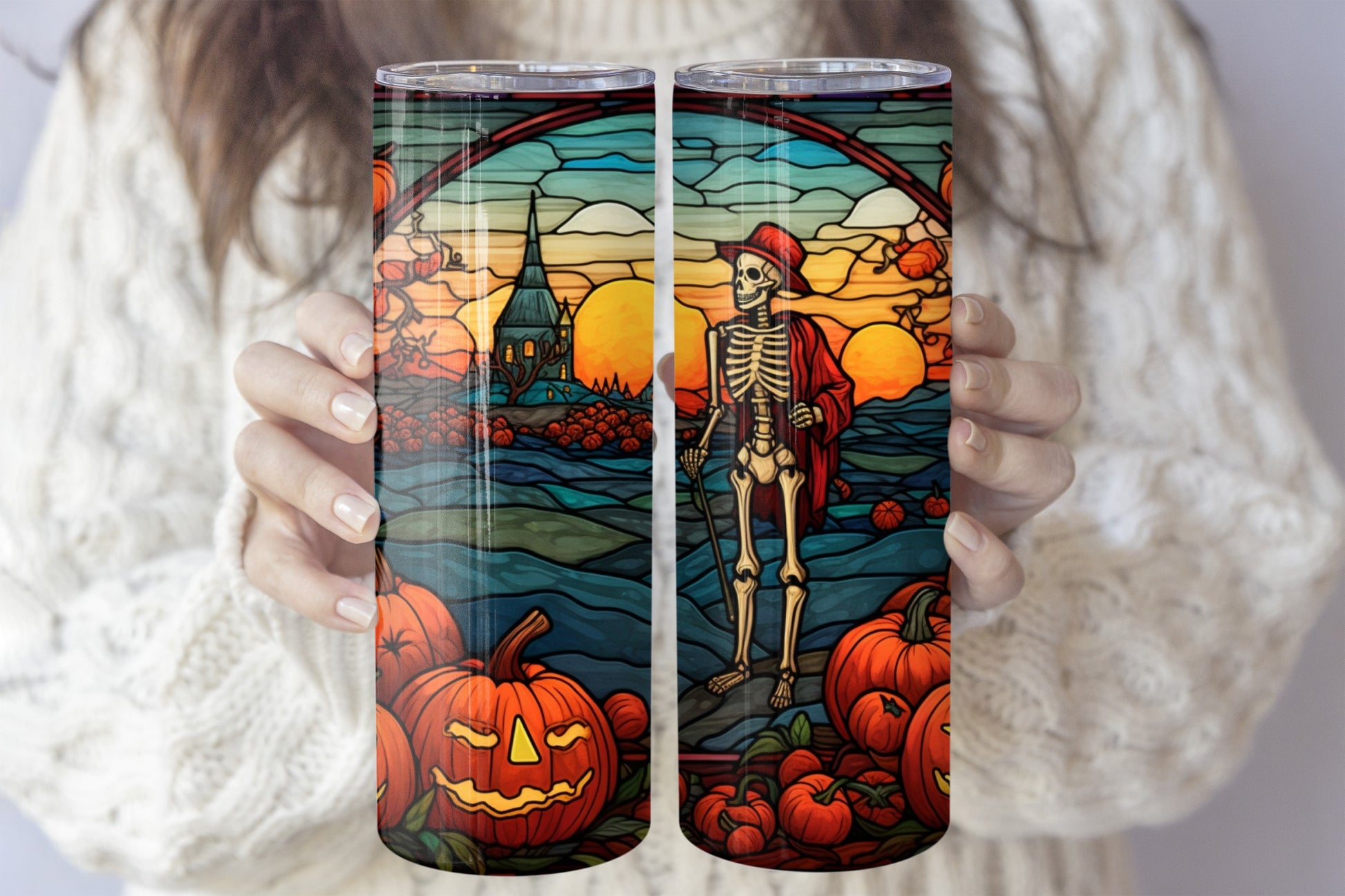 Stained Glass Pumpkin Field Tumbler, Skeleton Scarecrow Water Bottle