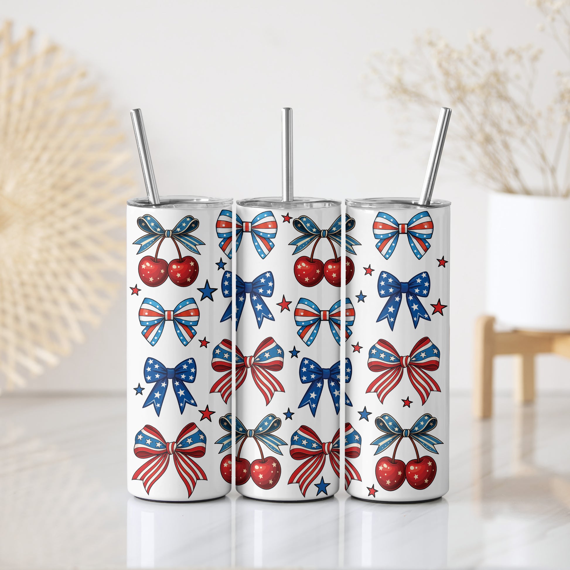 Independence Day Stainless Steel Tumblers, Patriotic Bows with Straw