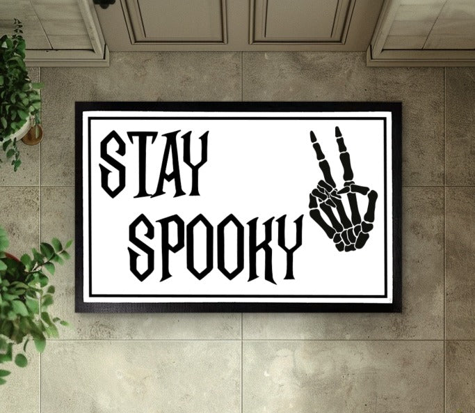 Welcome Fall with Skeleton Peace Sign Indoor Mat, a Spooky Addition!