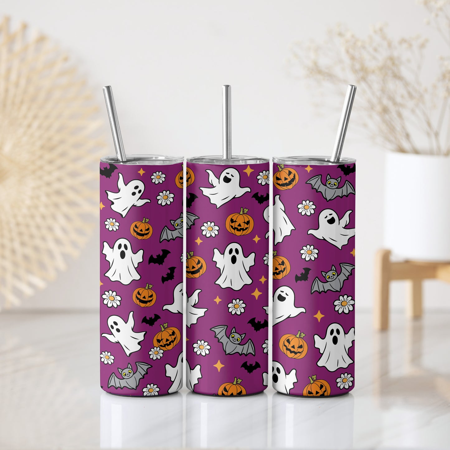 Daisy and Pumpkin Pattern Tumbler, Spooky Season Kids Gift