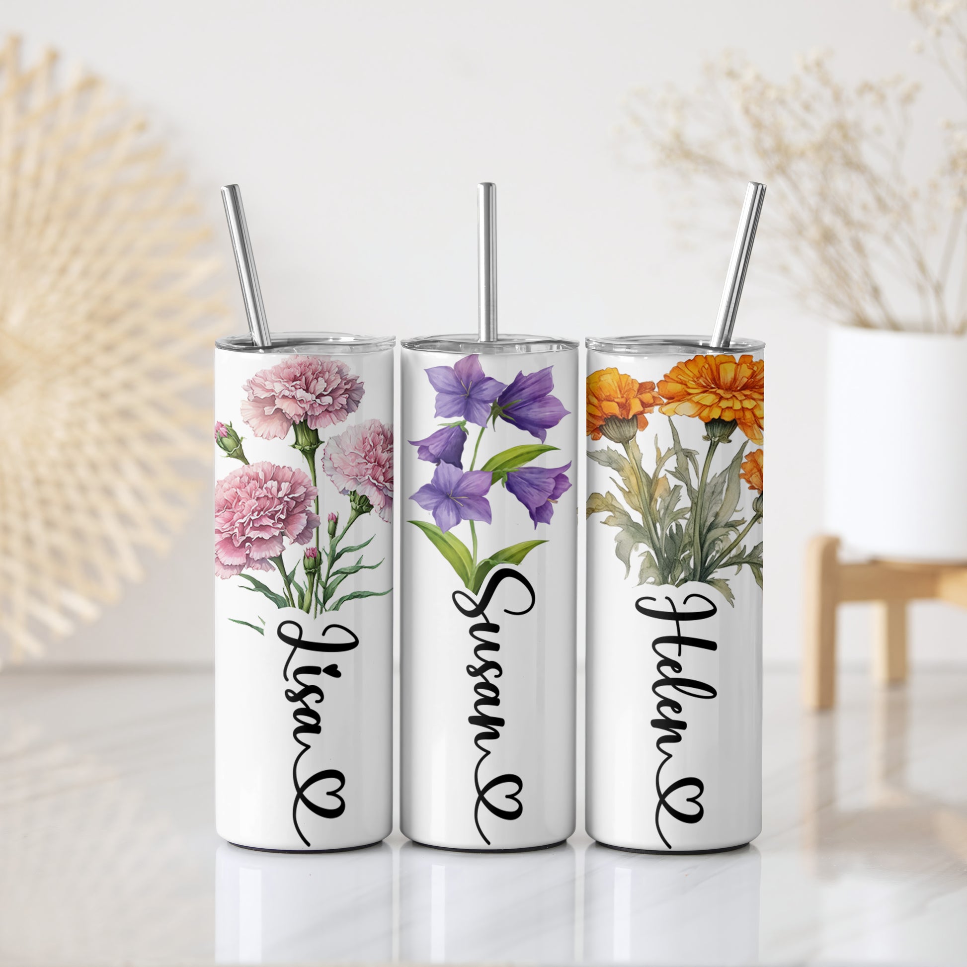 Custom Floral Tumbler, Personalized Drinkware with Rose, Orchid, Lavender, Daffodil