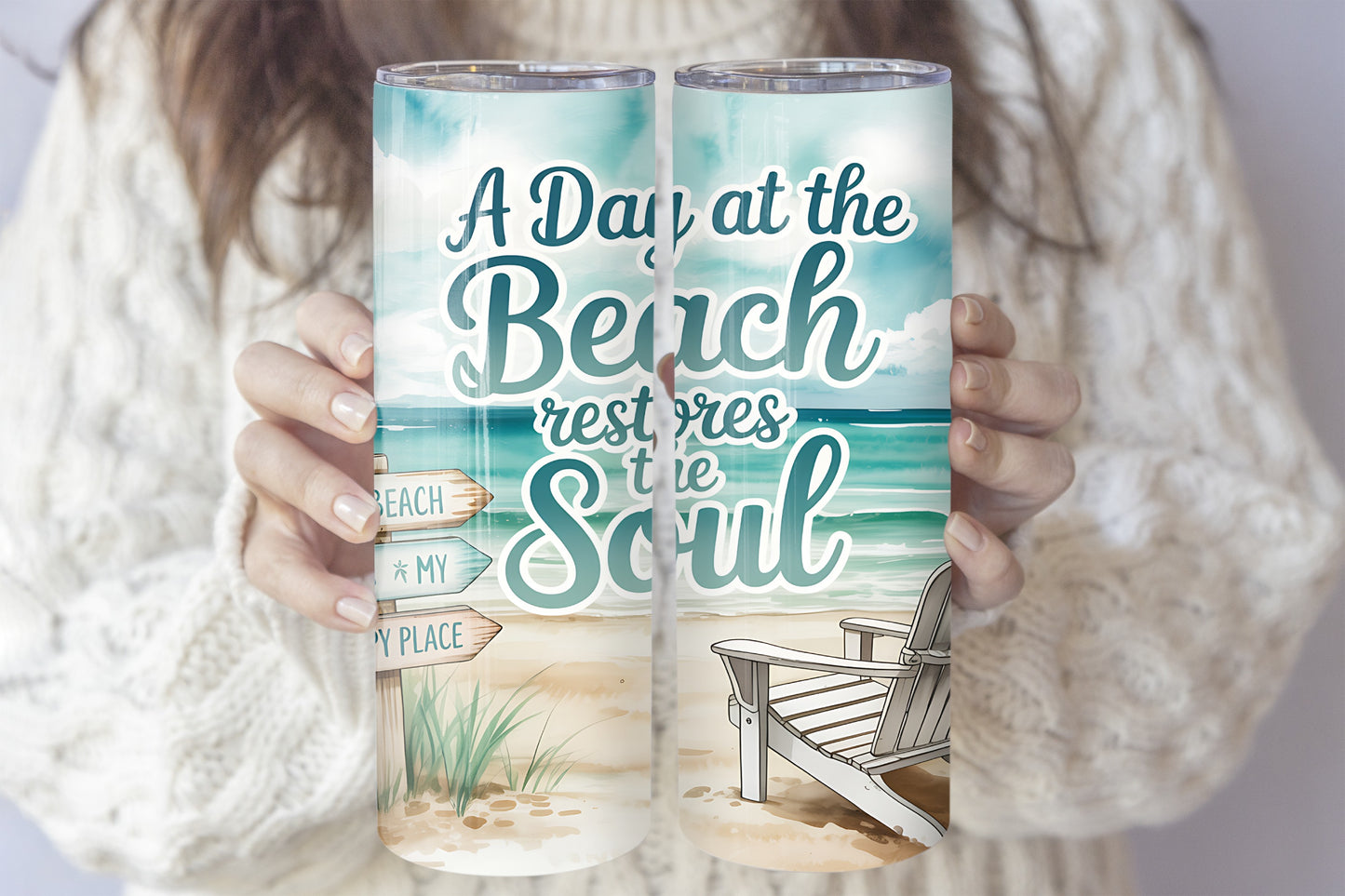 Beach vibes, restore soul: Insulated tumbler, steel water bottle.