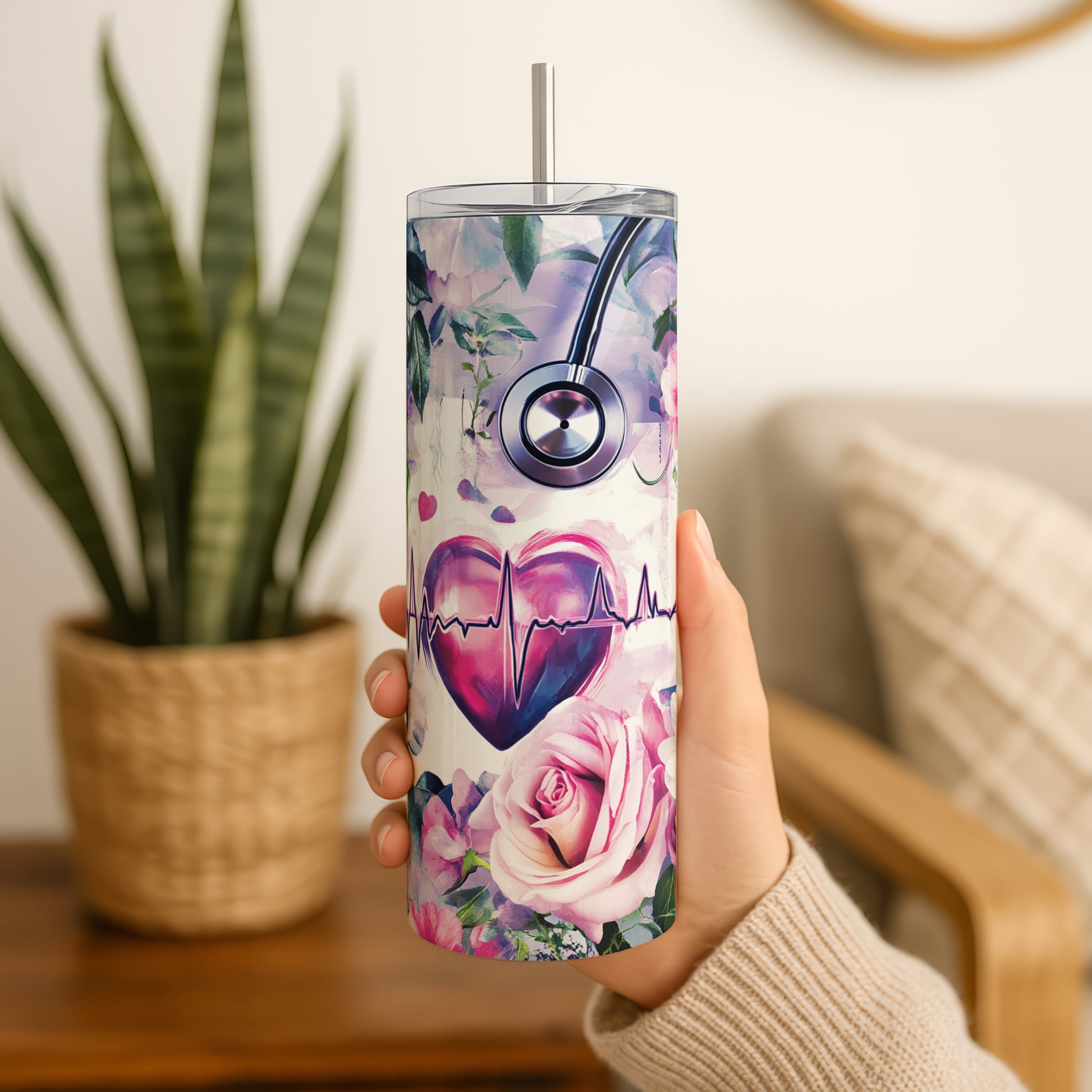 Vibrant Flowers, Heartbeat & Stethoscope Design Insulated Healthcare Tumbler,