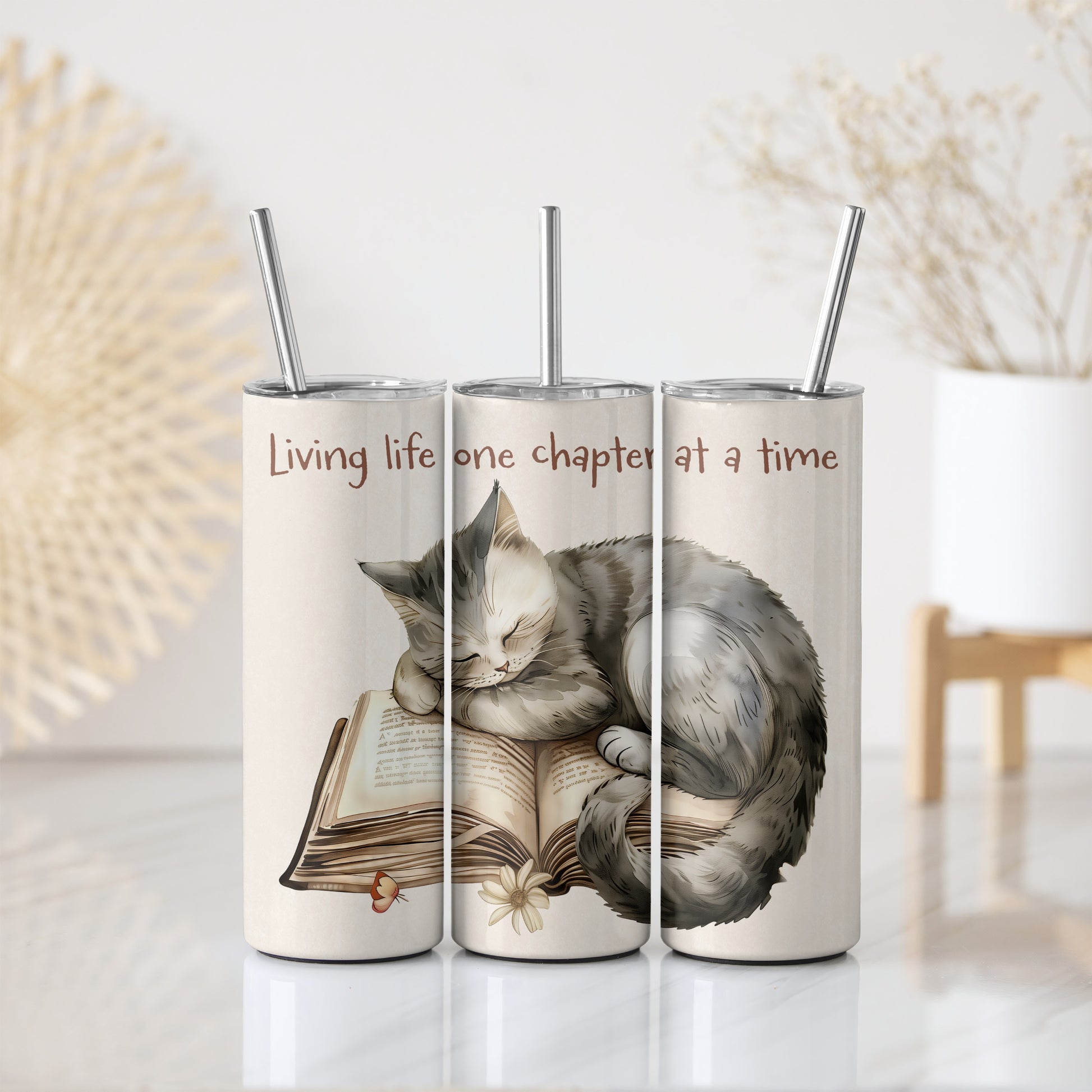 Book Enthusiast's Cat Design Stainless Steel Insulated Tumbler Gift