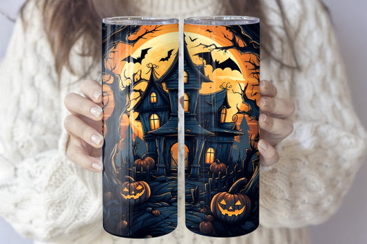 Spooky Woodland Mansion Insulated Tumbler, Vibrant Colors for Halloween