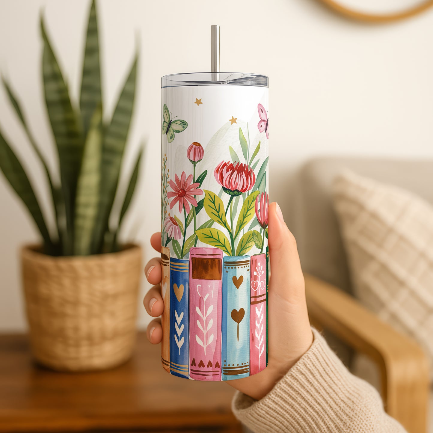 Floral Design Coffee Tumbler, Nature Lover Insulated Water Bottle