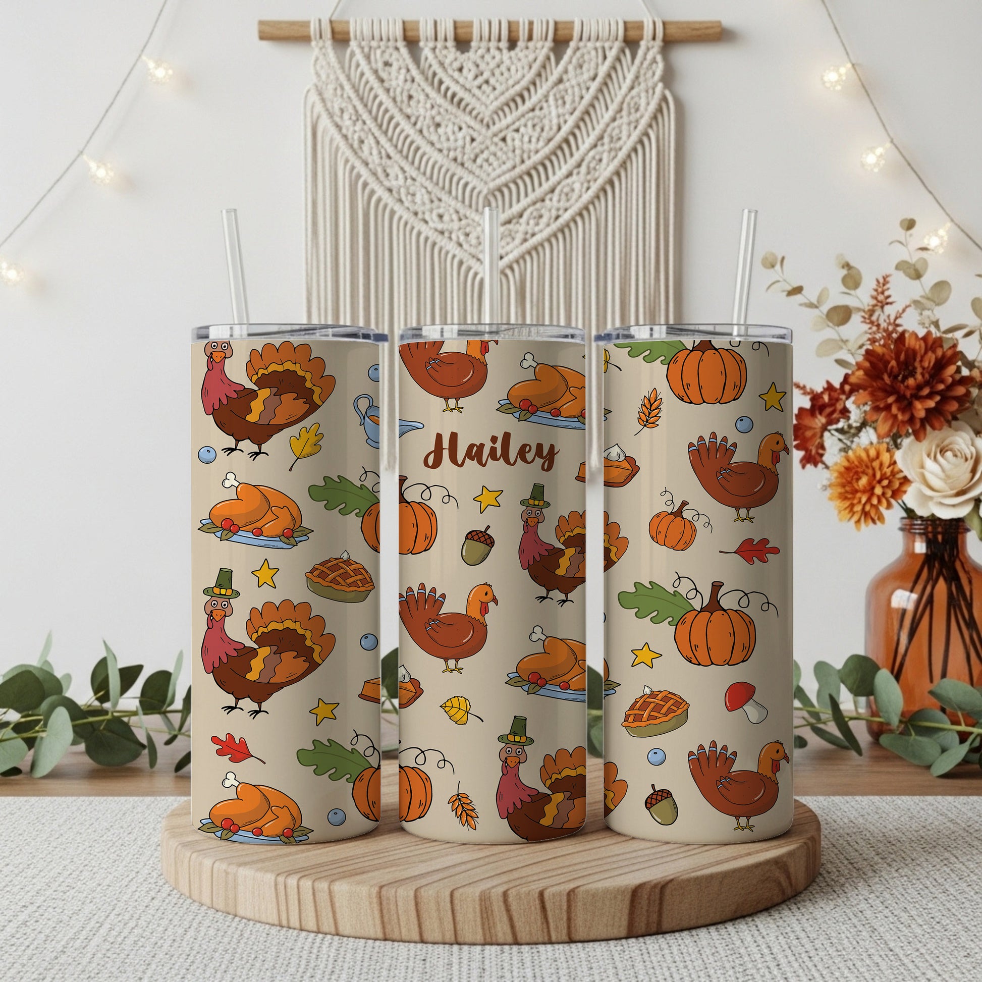 Personalized Thanksgiving Tumbler: Turkey and Pumpkin Design Stainless Steel Cup