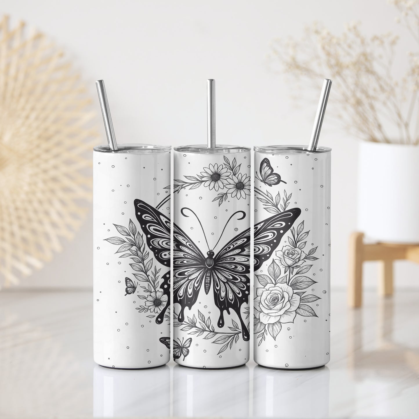 Stainless Steel Tumbler, Black White Floral Design, Insulated Botanical Sketch