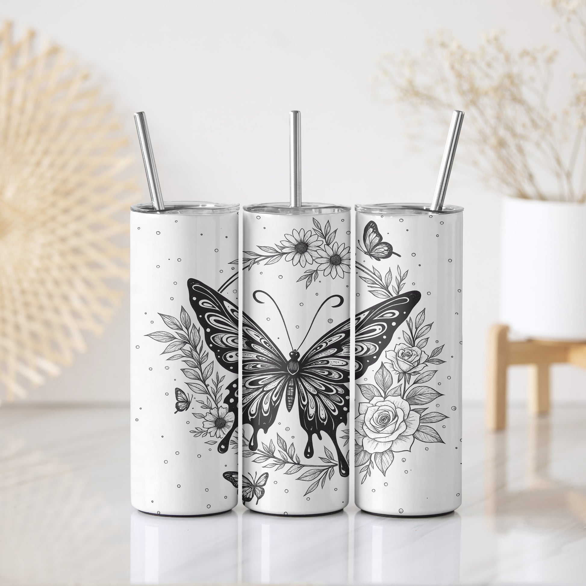 Stainless Steel Tumbler, Black White Floral Design, Insulated Botanical Sketch