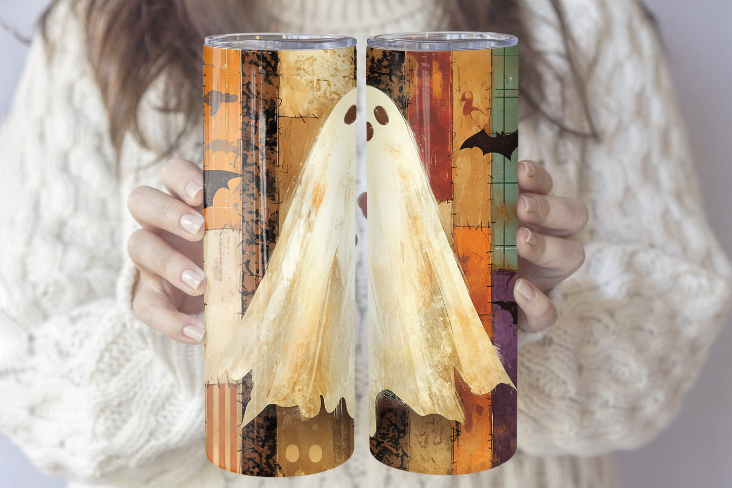 Spooky Ghost Tumbler, Vintage Halloween Insulated Coffee Cup with Bats