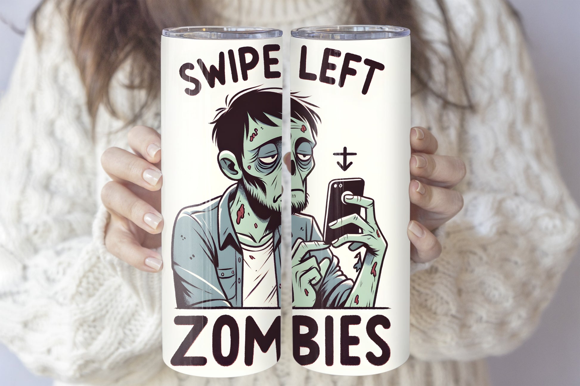 Swipe Left Zombies Tumbler: Halloween Humor Insulated Steel Sarcasm Cup.