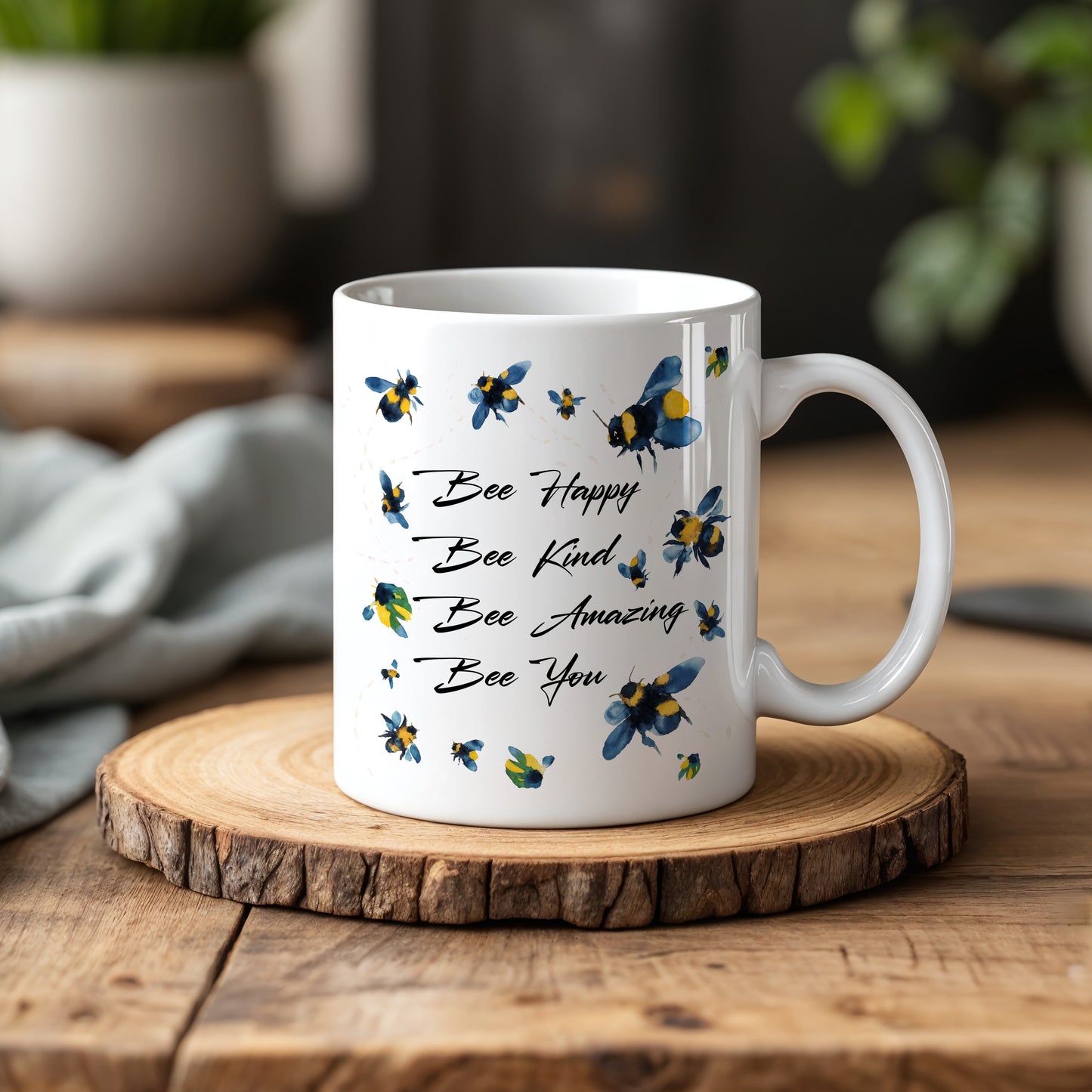 Bee Happy, Bee Kind - Watercolor Bee Quote Ceramic Mug