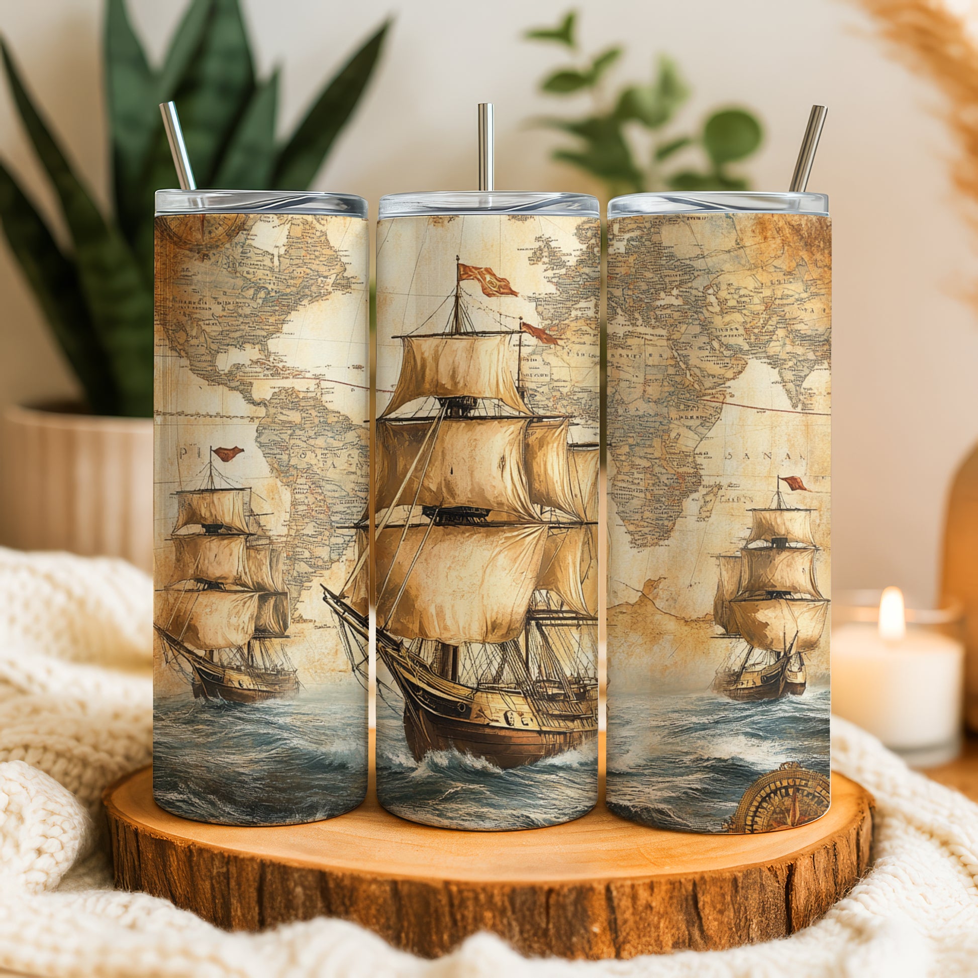 Nautical Theme Steel Water Bottle, Retro Design Insulated Tumbler, Vintage