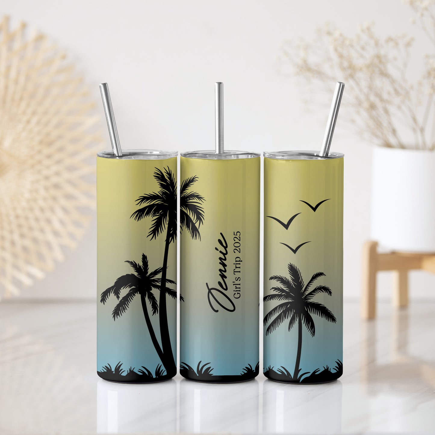 Personalized Stainless Steel Tumbler, Tropical Sunset Design, Matching Straw Included