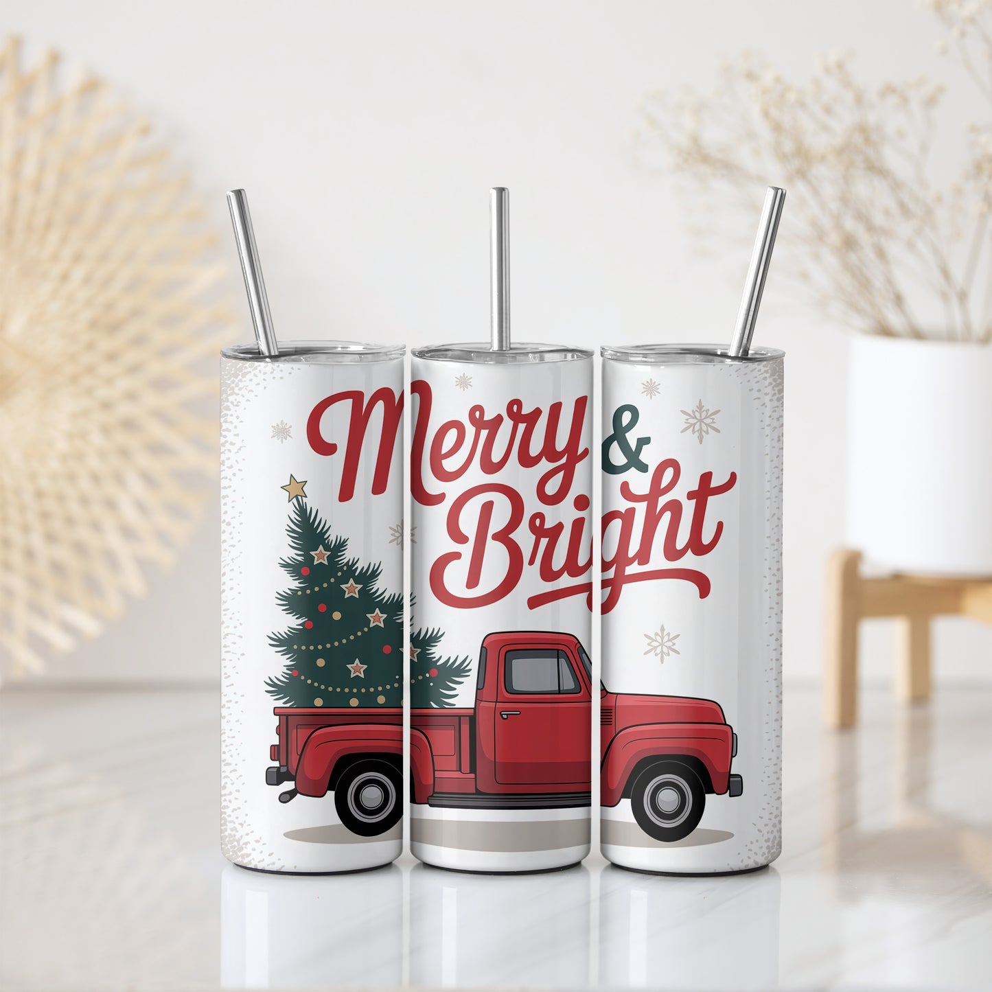 Red Car Towing Christmas Tree, Merry And Bright Xmas Tumbler