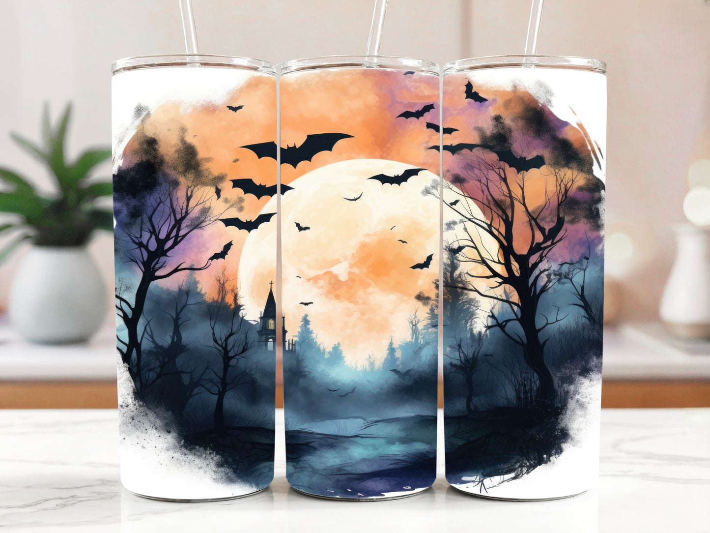 Moonlit Forest & Fog Insulated Tumbler, Halloween Theme Steel Bottle