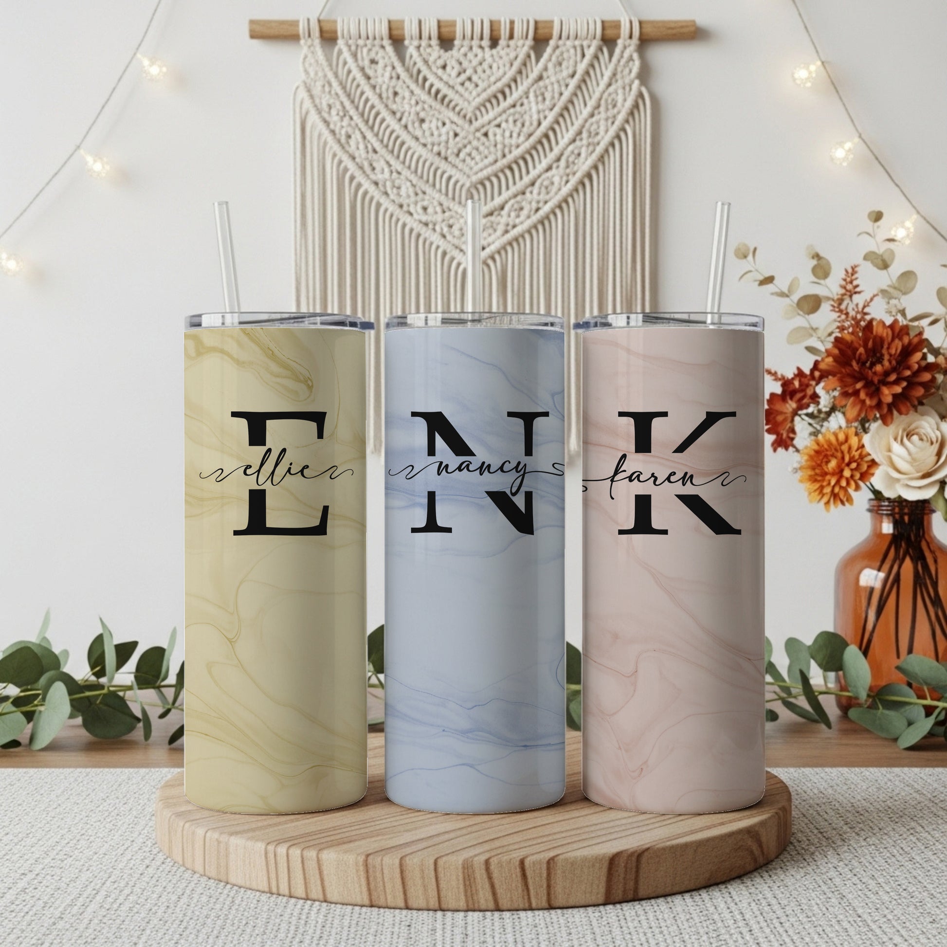 Personalized Marble Monogram Tumbler, Stylish Stainless Steel Water Bottle, Elegant Office Accessory