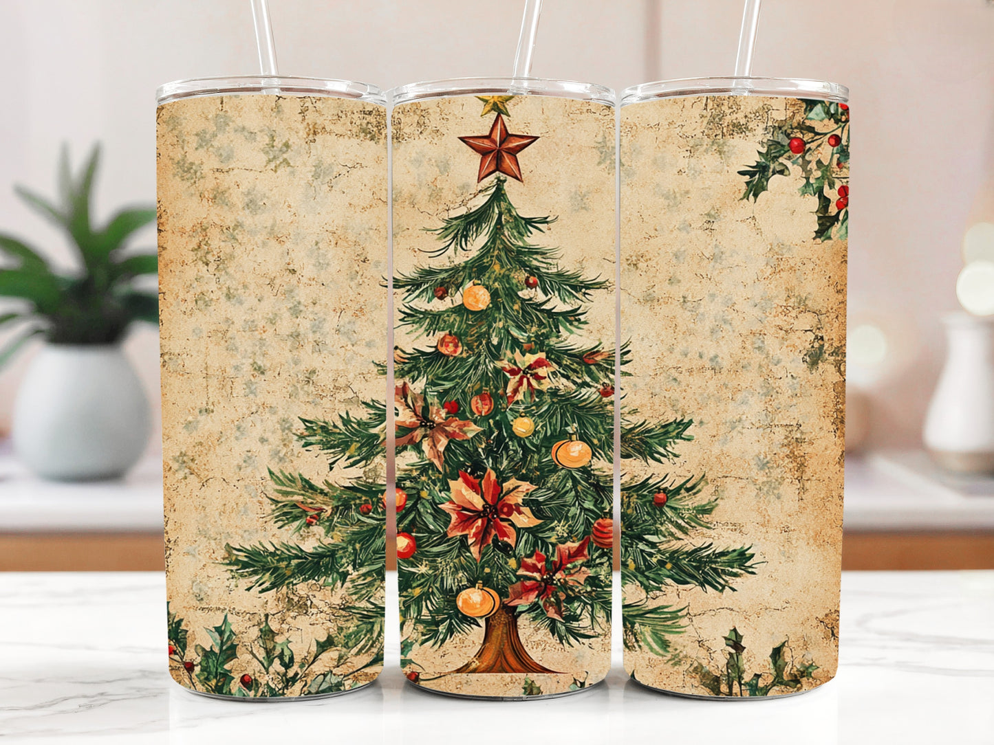 Stay Festive with our Vintage Christmas Tree Tumbler with Straw.