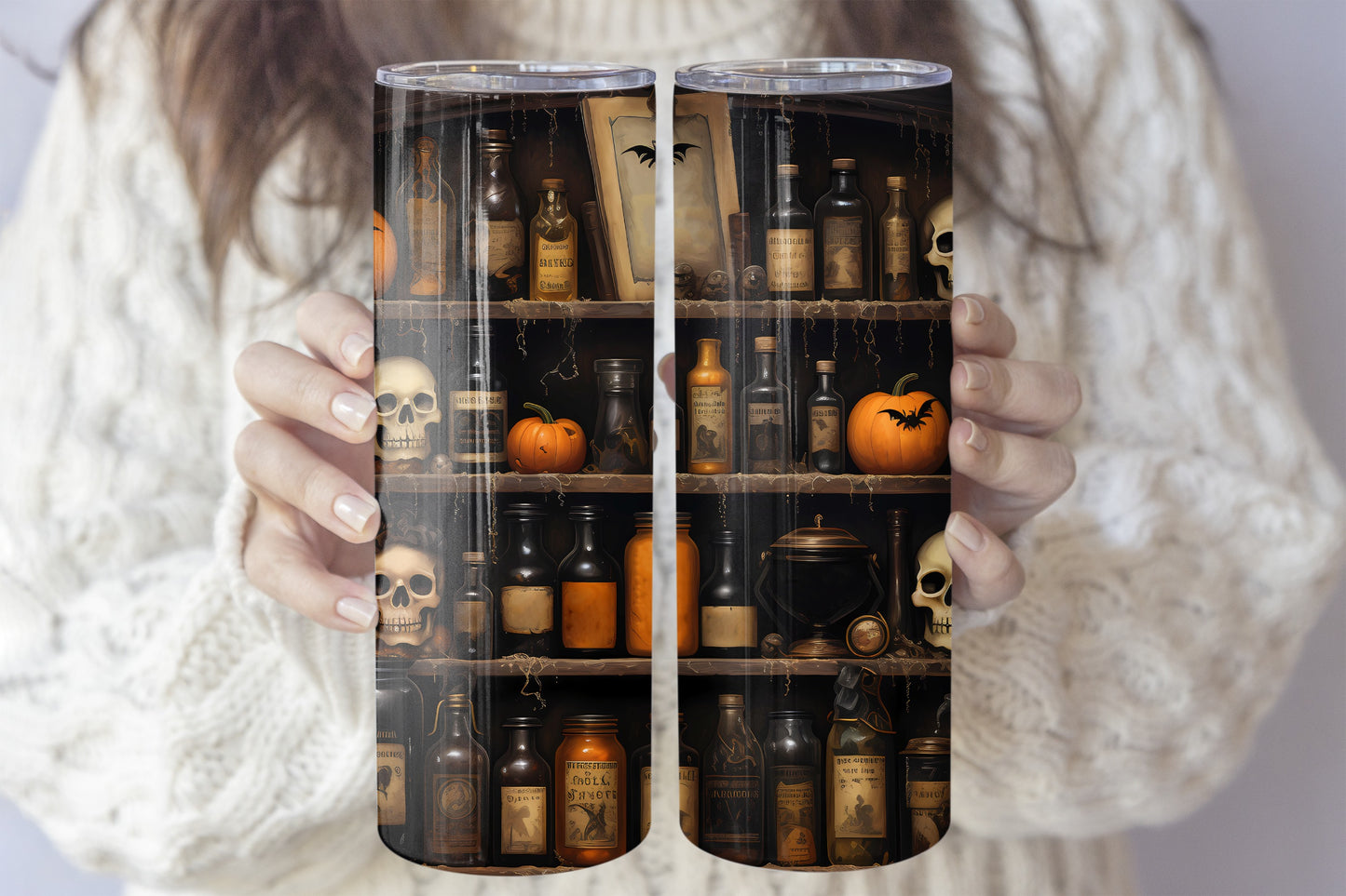 Halloween-themed Stainless Steel Tumbler, Spooky Apothecary Shelf Design