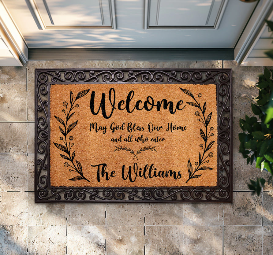 Custom Christian Family Name Coir Doormat, Personalized Religious Welcome Rug