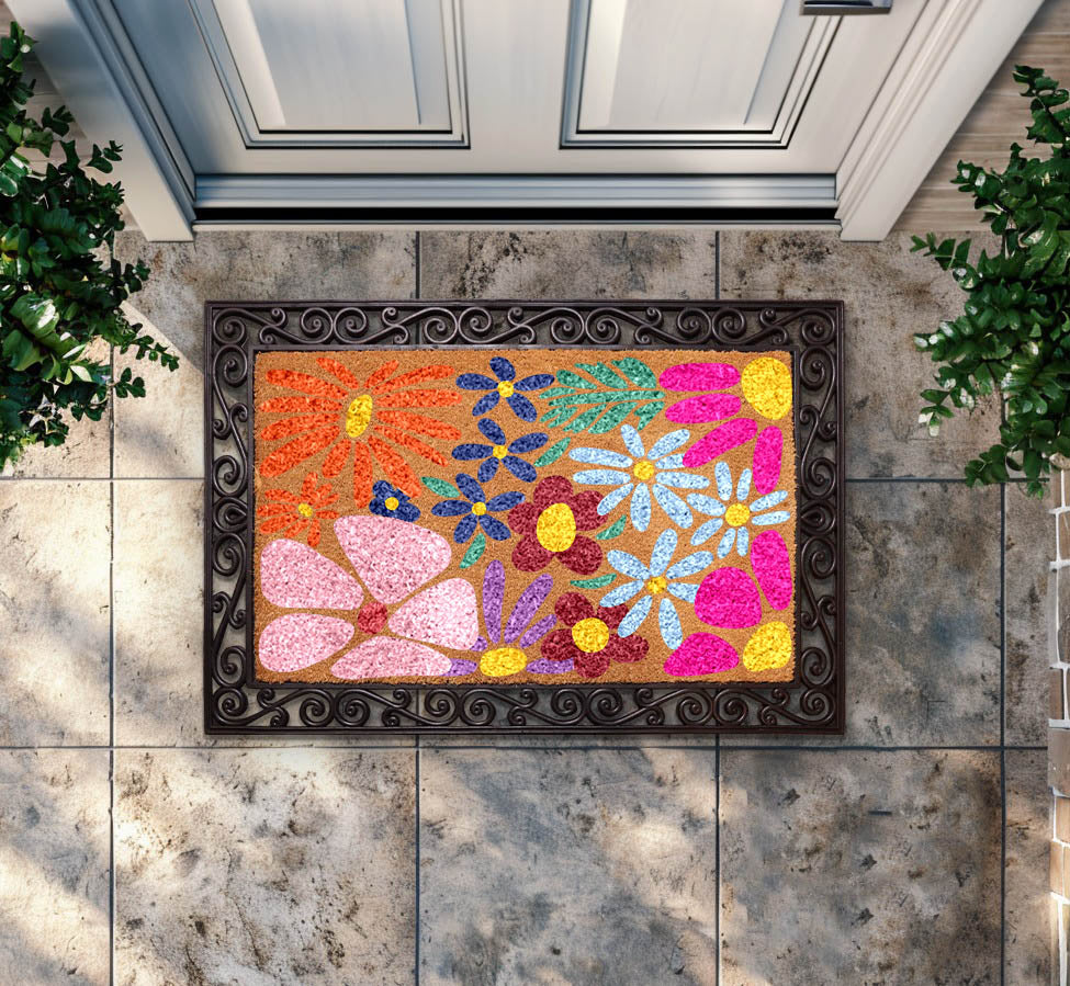 Vibrant Floral Door Mat, Stylish Botanical Coir Mat for Entryway