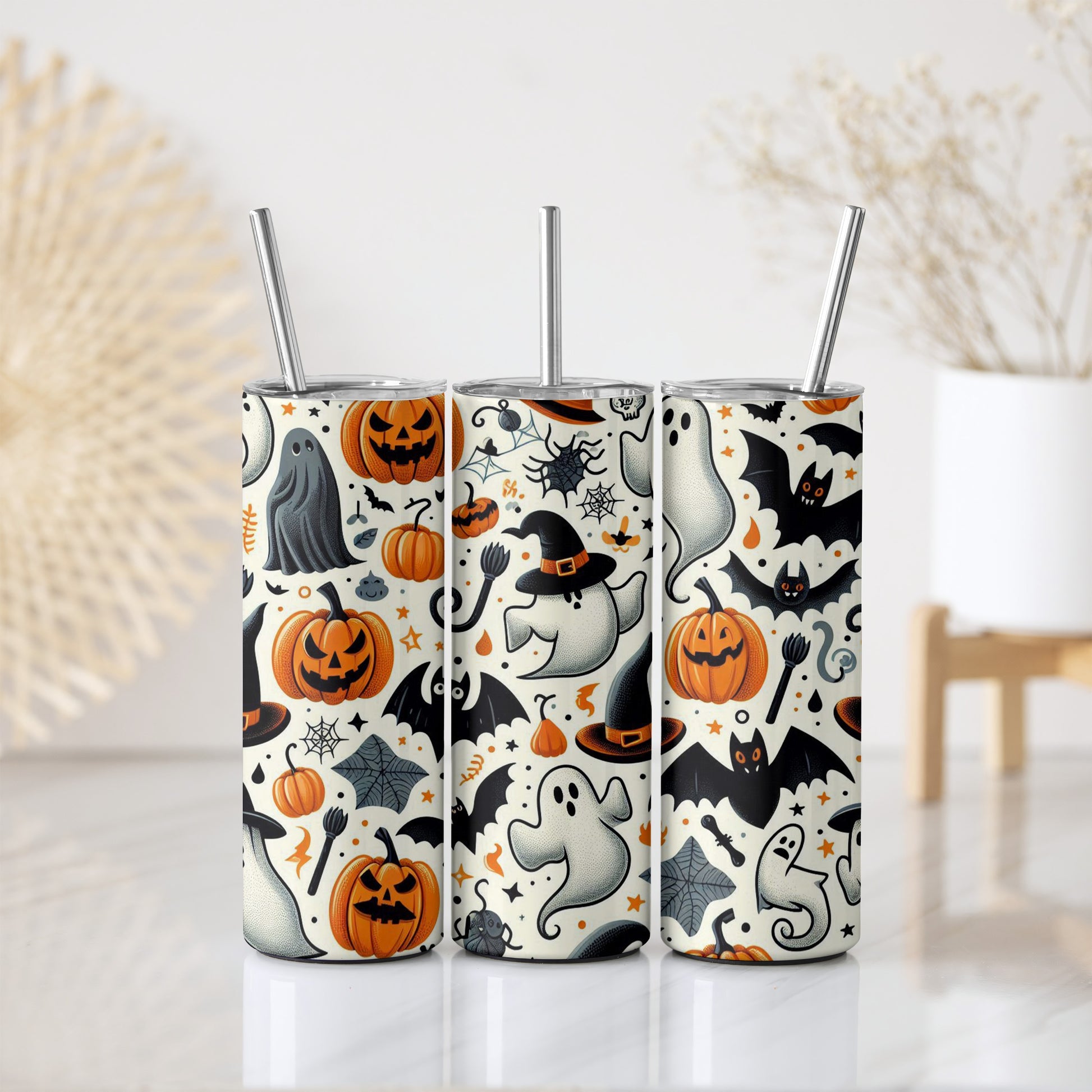 Spooky Bats, Ghosts, and Jack-O-Lantern Tumbler with Straw