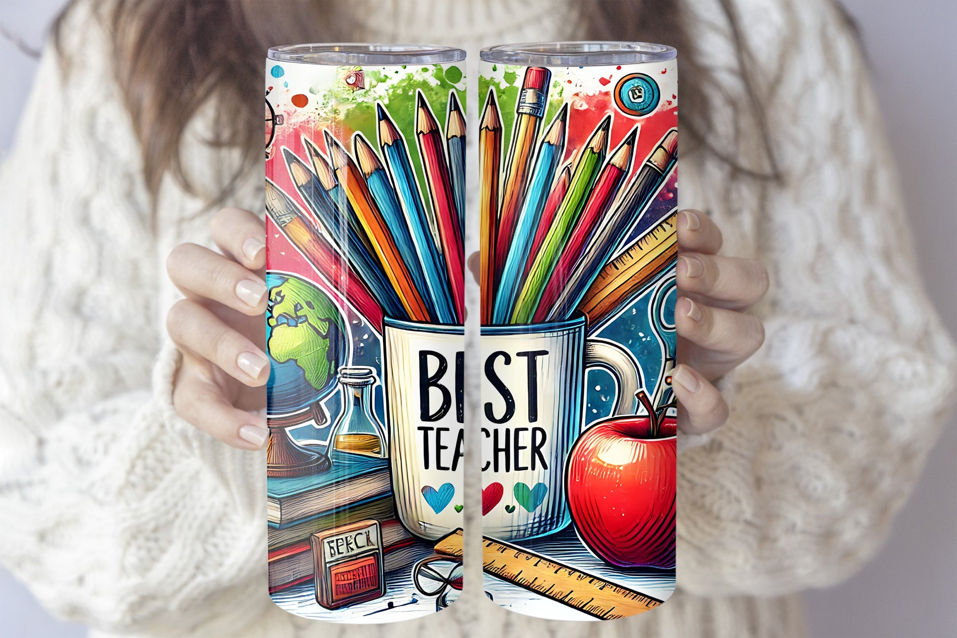 Colorful Teacher Love Showing Insulated Cup, Best Teacher Tumbler With Straw