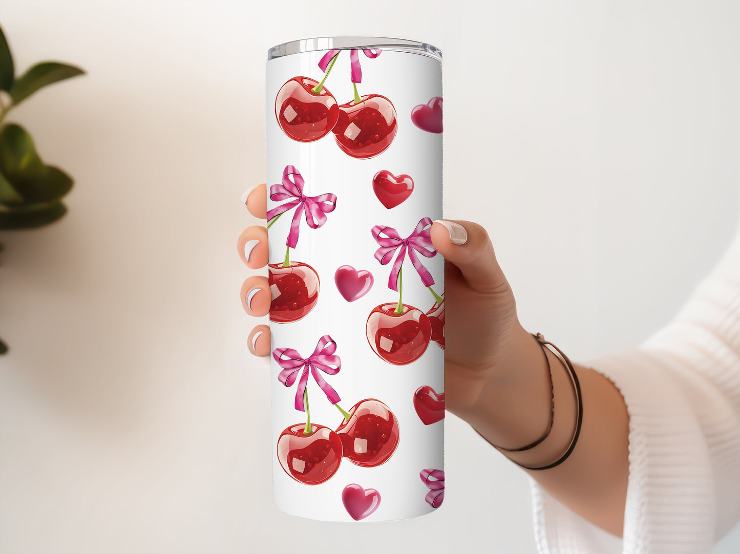 Kawaii Cherry Hearts Travel Mug, Sweet Cherry Tumbler, Pink Bows