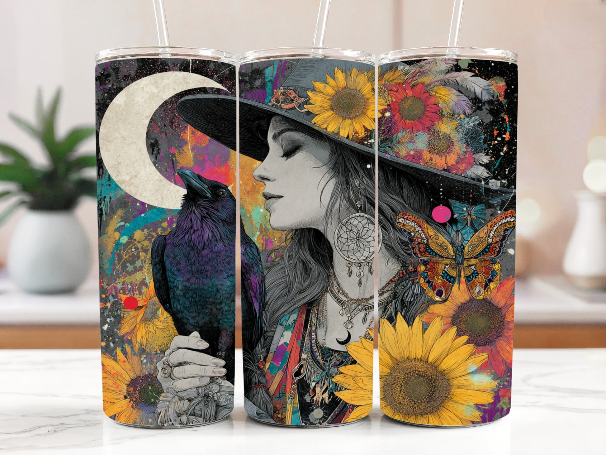Raven, Moon, and Sunflower Insulated Tumbler for Spiritual Sips
