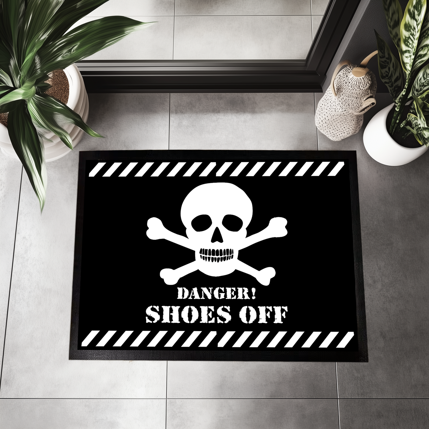 Edgy Skull Housewarming Gift, Warning! Shoes Off Mat, Entryway Rug