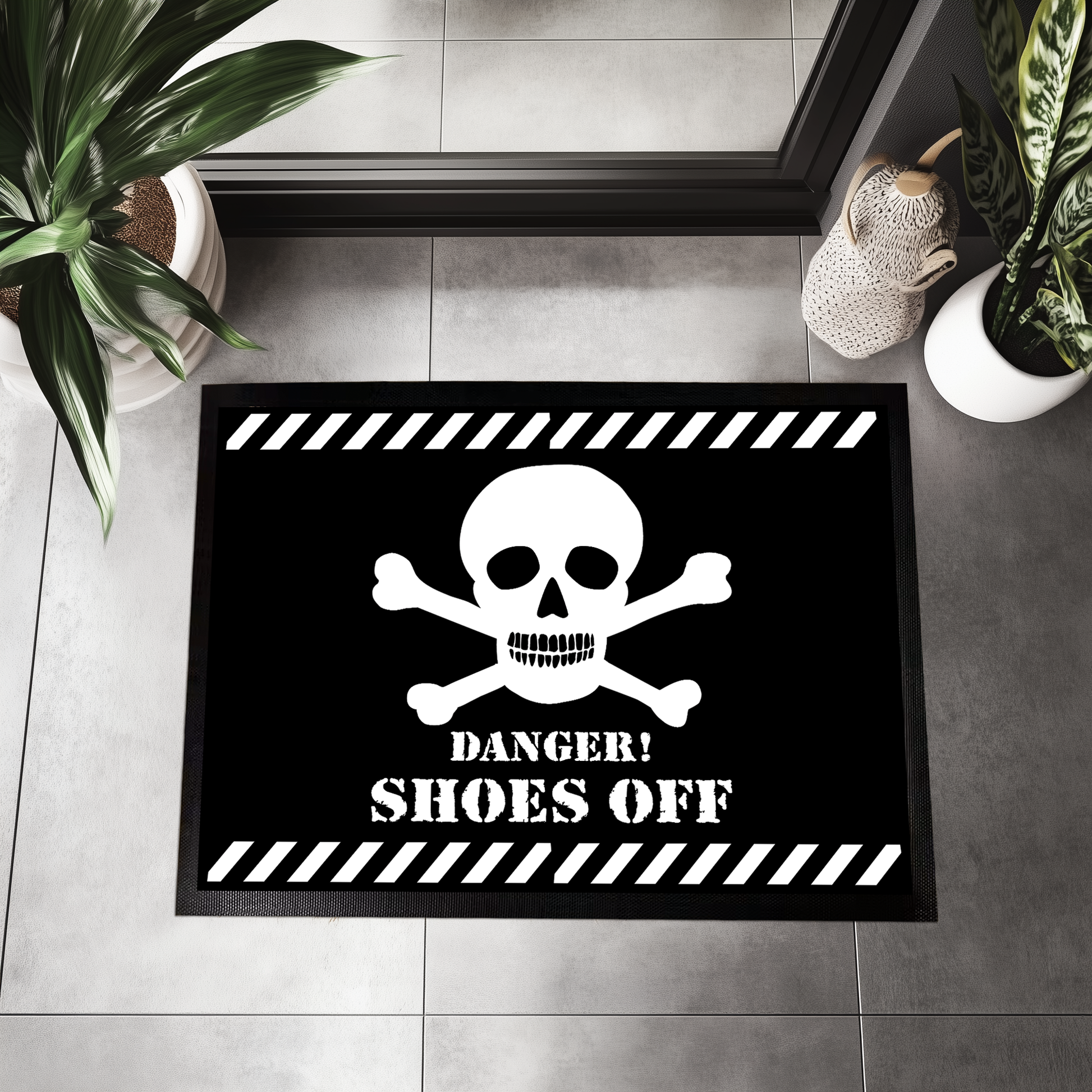Edgy Skull Housewarming Gift, Warning! Shoes Off Mat, Entryway Rug