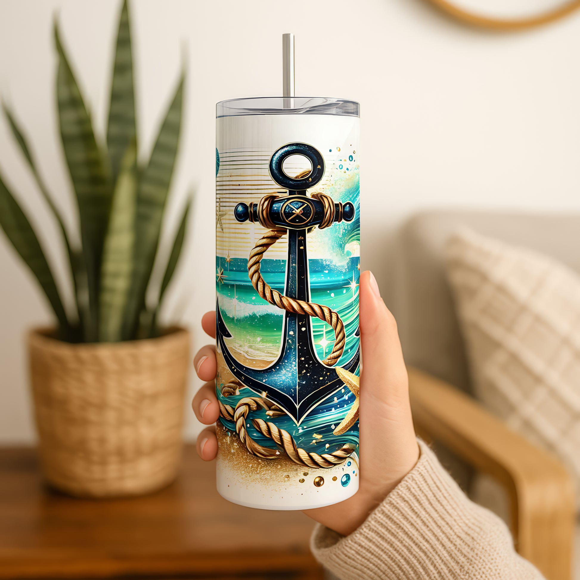 Coastal Theme Tumbler: Golden Sands, Cosmic Waves, Nautical Anchor Design