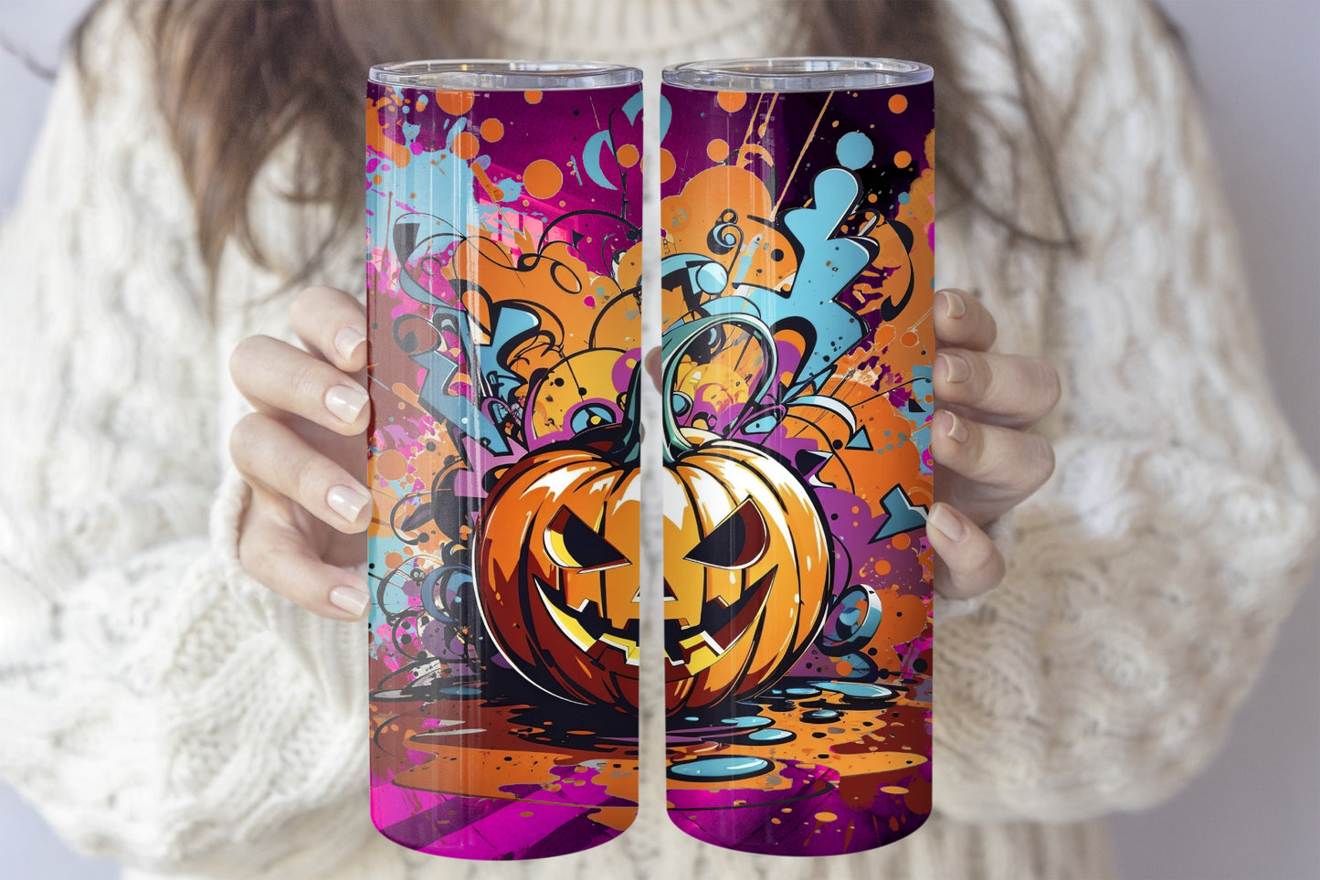 Vibrant Halloween Pumpkin Tumbler, Insulated Stainless Steel with Straw.