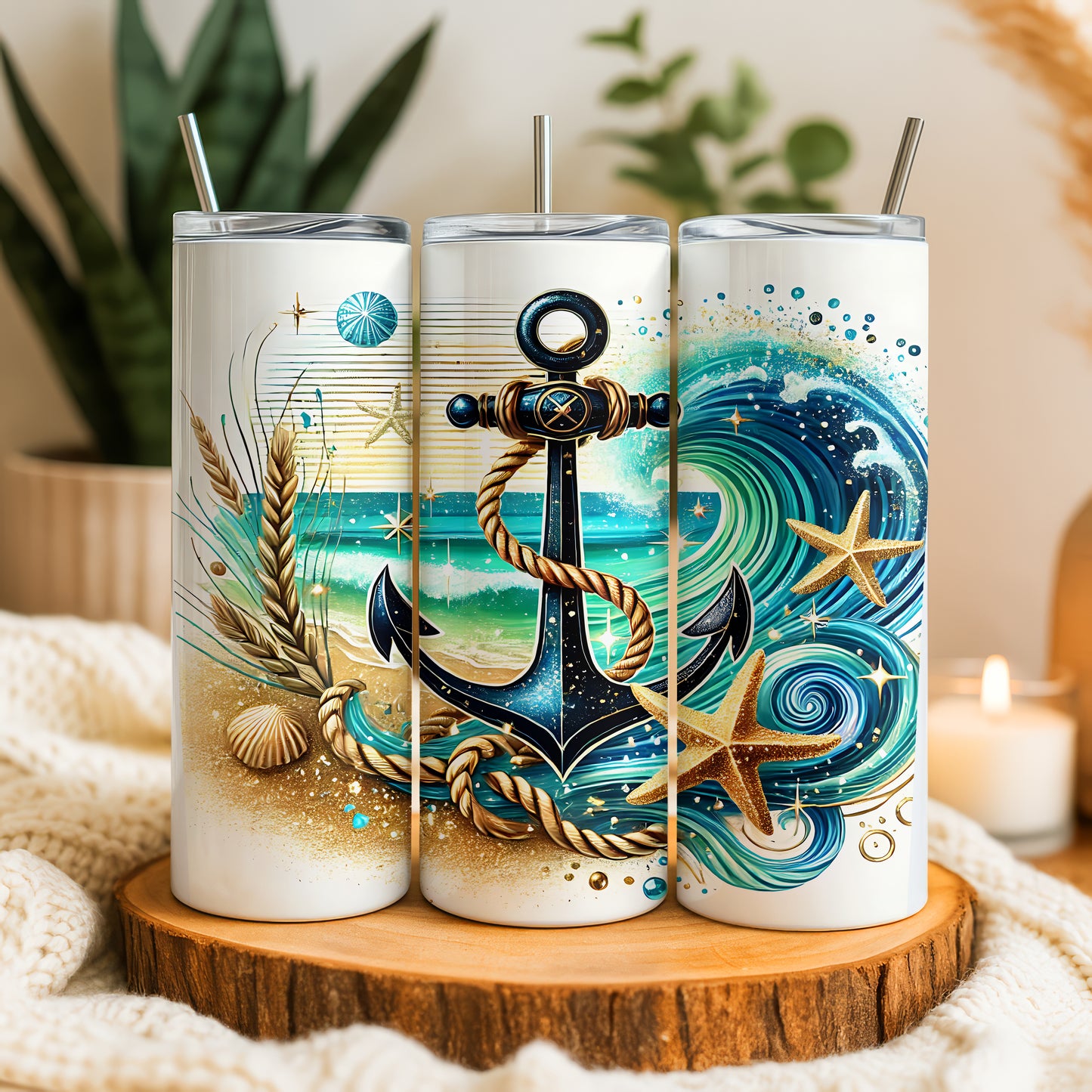 Coastal Theme Tumbler: Golden Sands, Cosmic Waves, Nautical Anchor Design