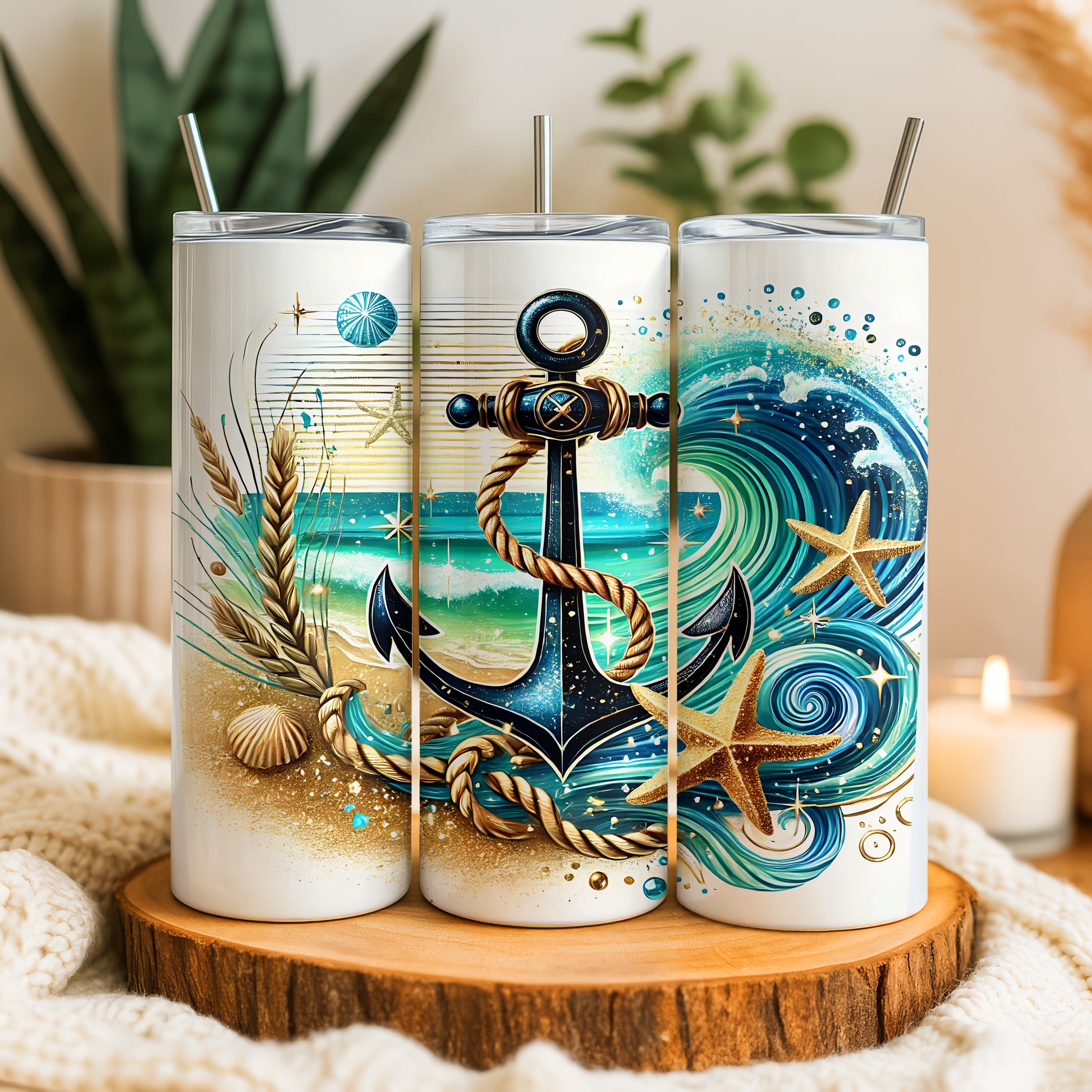 Coastal Theme Tumbler: Golden Sands, Cosmic Waves, Nautical Anchor Design
