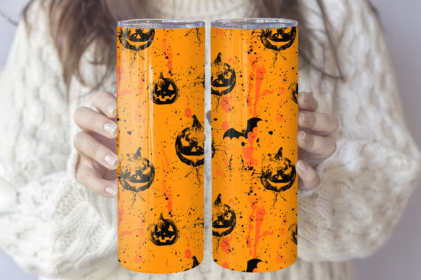 Vibrant Splatter Paint Jack-O-Lanterns Tumbler, Pumpkin and Bats Theme Cup