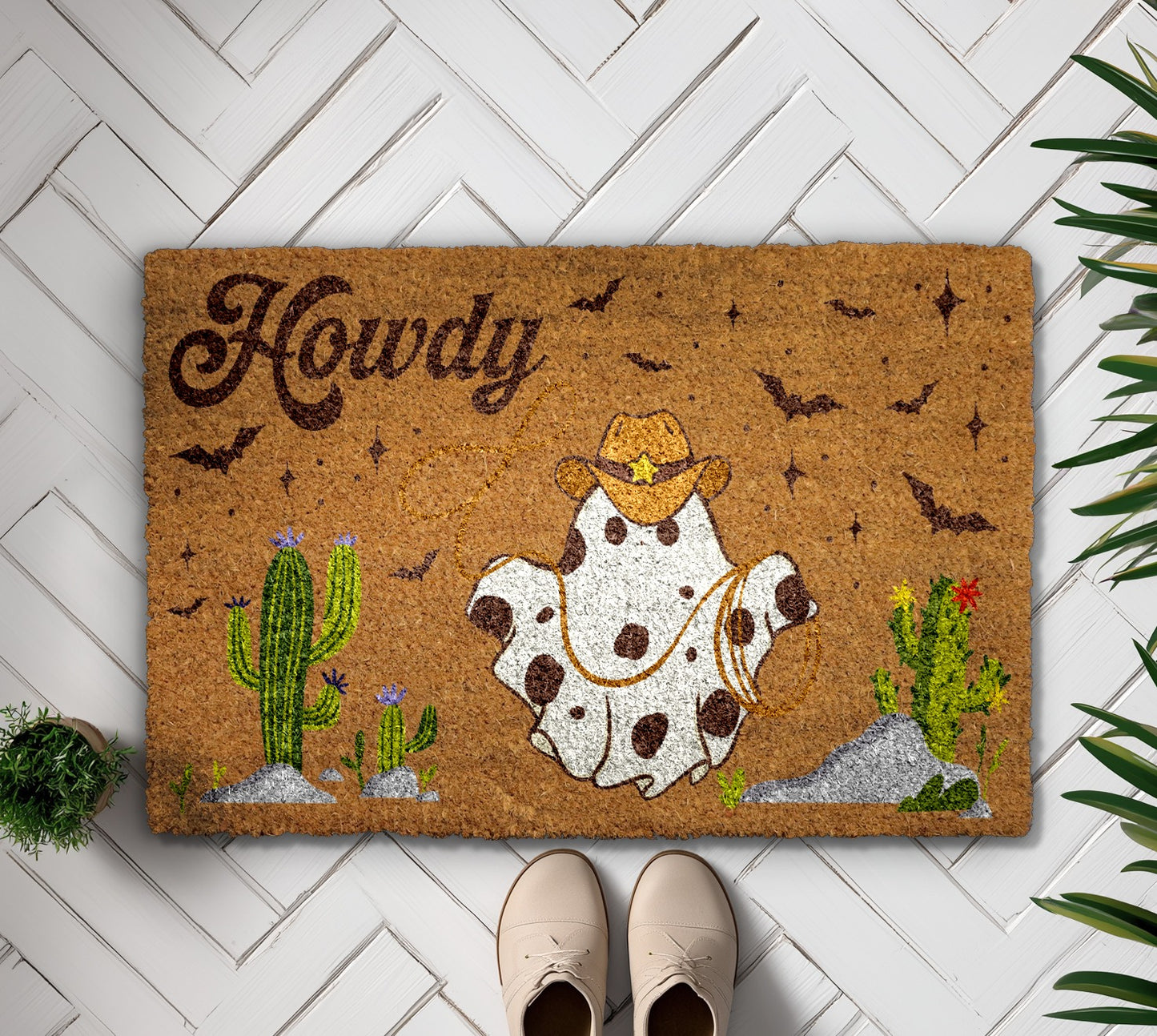 Ghostly Howdy! Spooky Cowboy Welcome Mat, Perfect for Halloween Decor