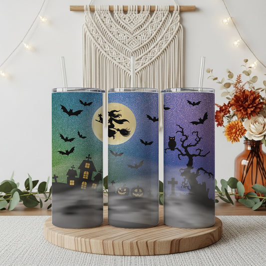 Twilight witch tumbler, spooky haunted house design, steel water bottle