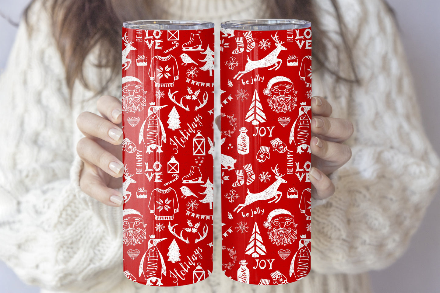 Festive Kids' Water Bottle, Santa Reindeer Pattern Insulated Tumbler