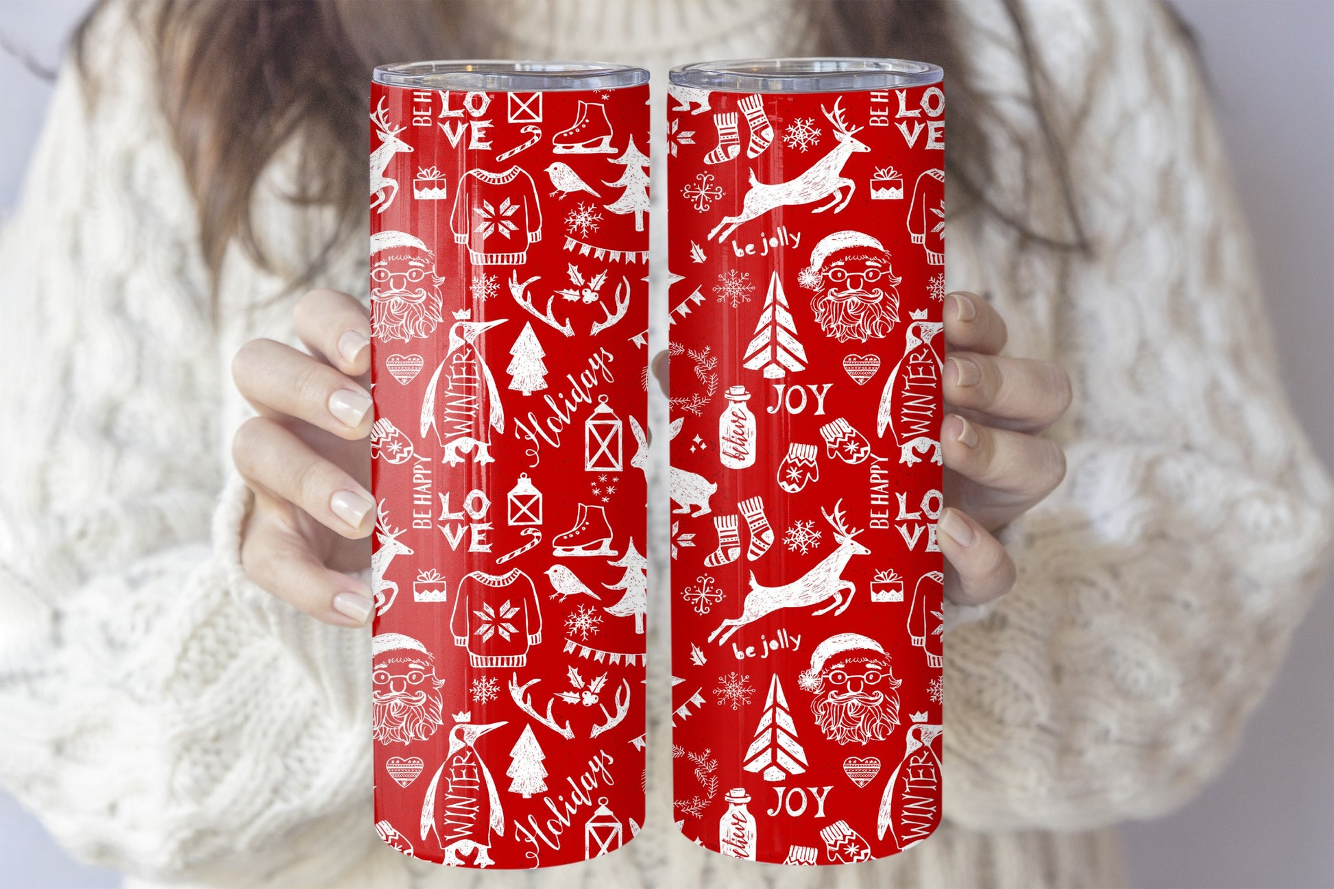 Festive Kids' Water Bottle, Santa Reindeer Pattern Insulated Tumbler