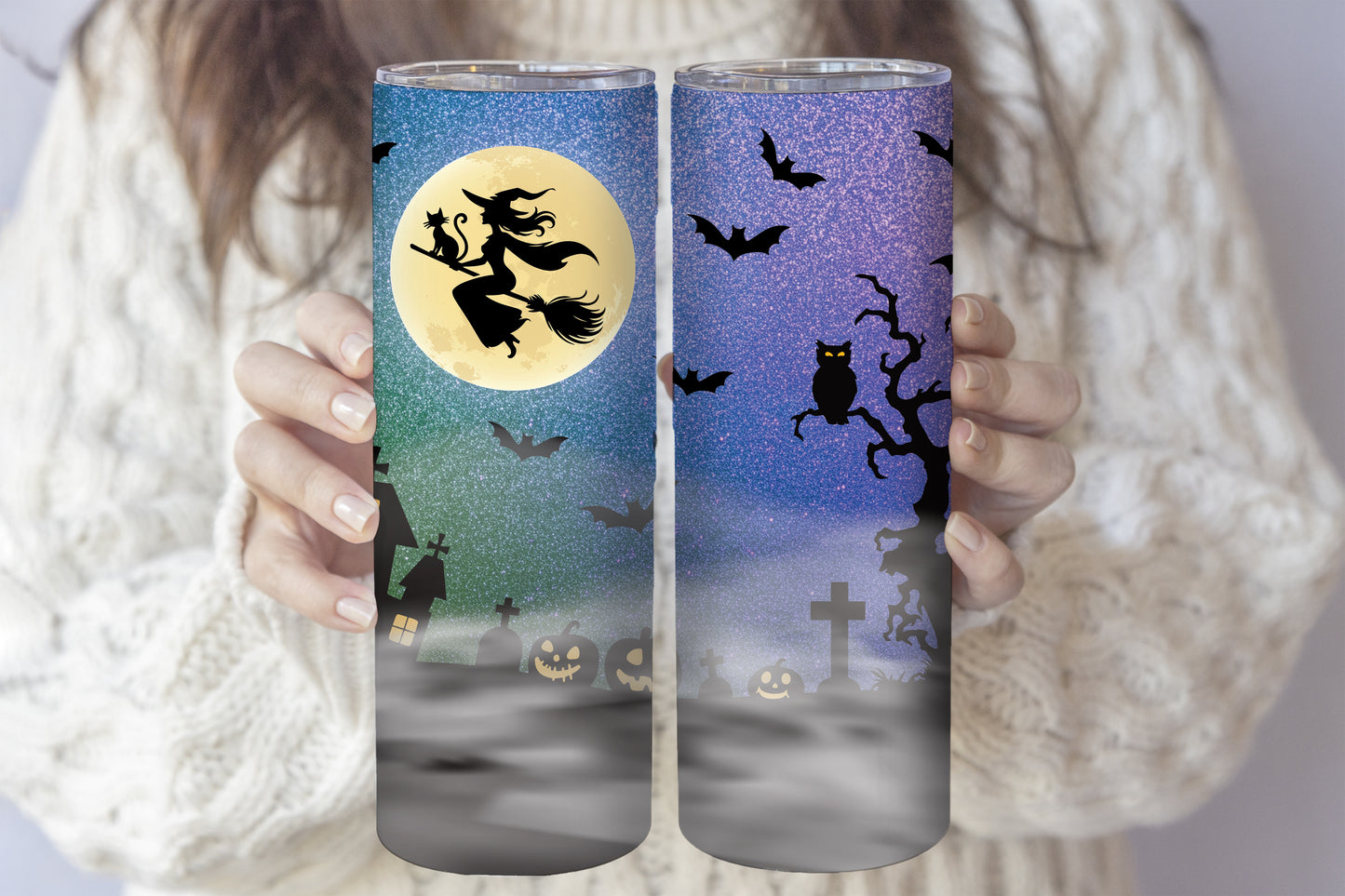 Twilight witch tumbler, spooky haunted house design, steel water bottle
