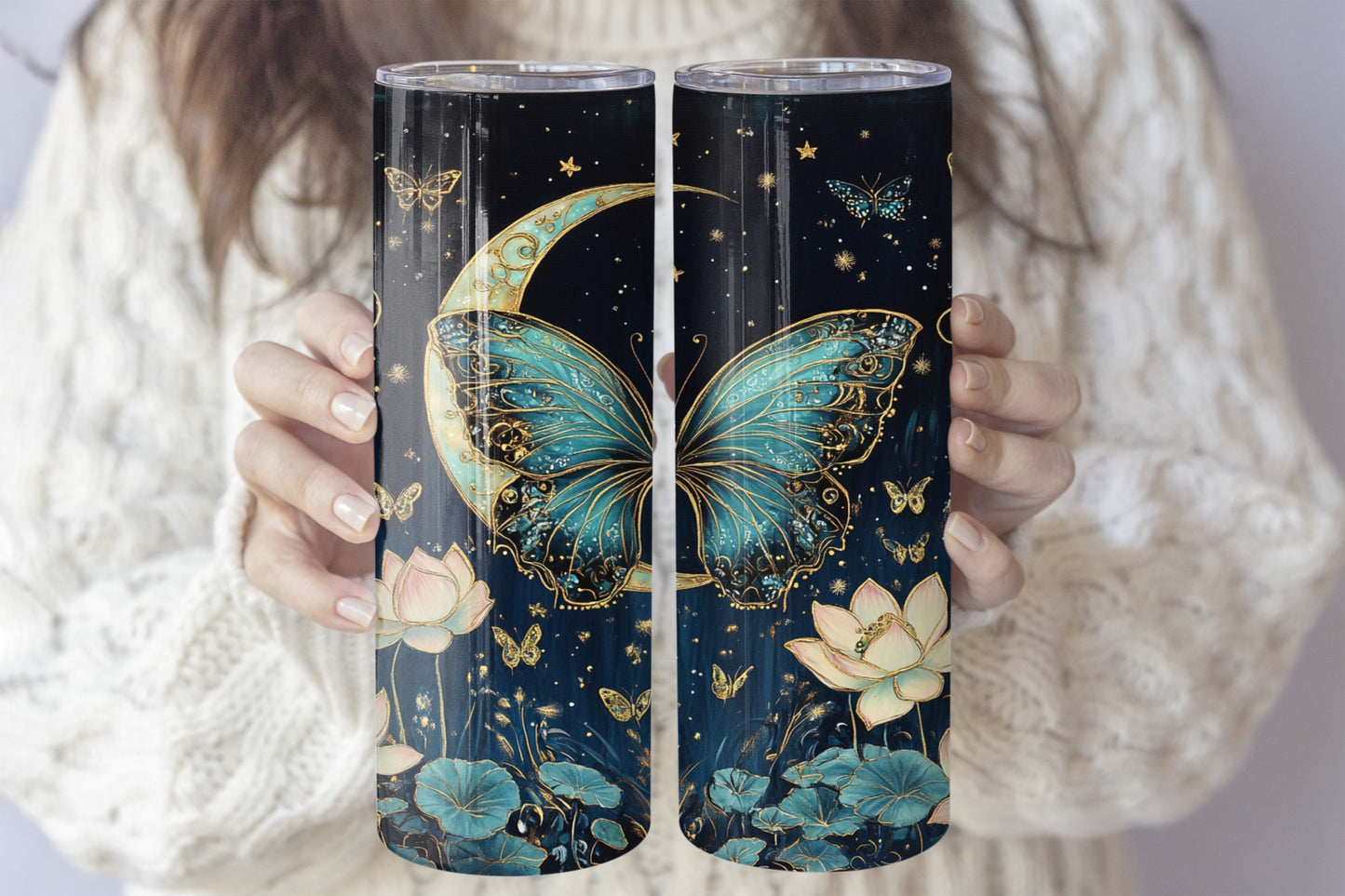 Mystical Butterfly, Celestial Moon, Lotus Flower Stainless Steel Tumbler