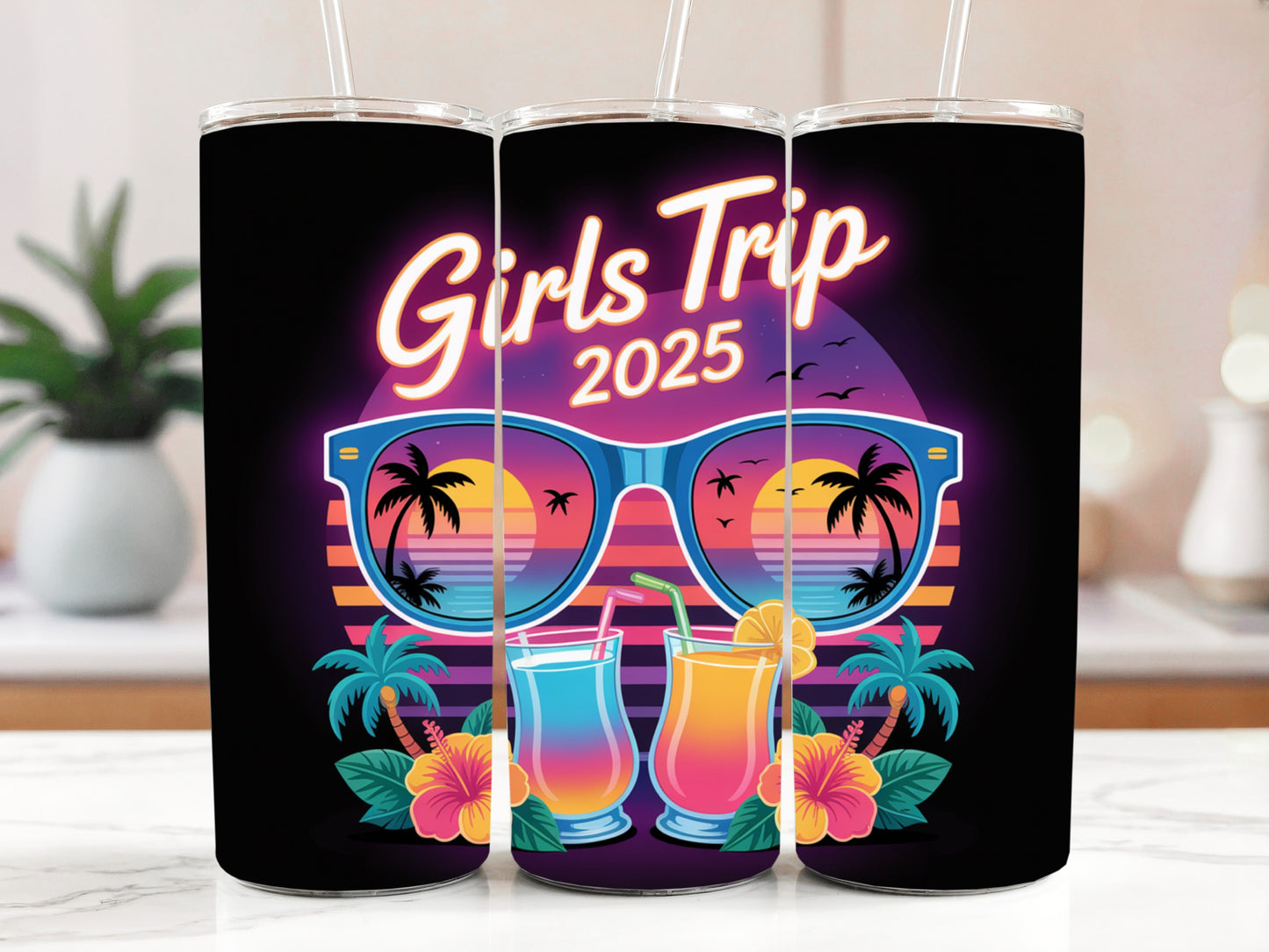 Girls Trip 2025 Steel Water Bottle, Beach Sunset Cocktail Tumbler