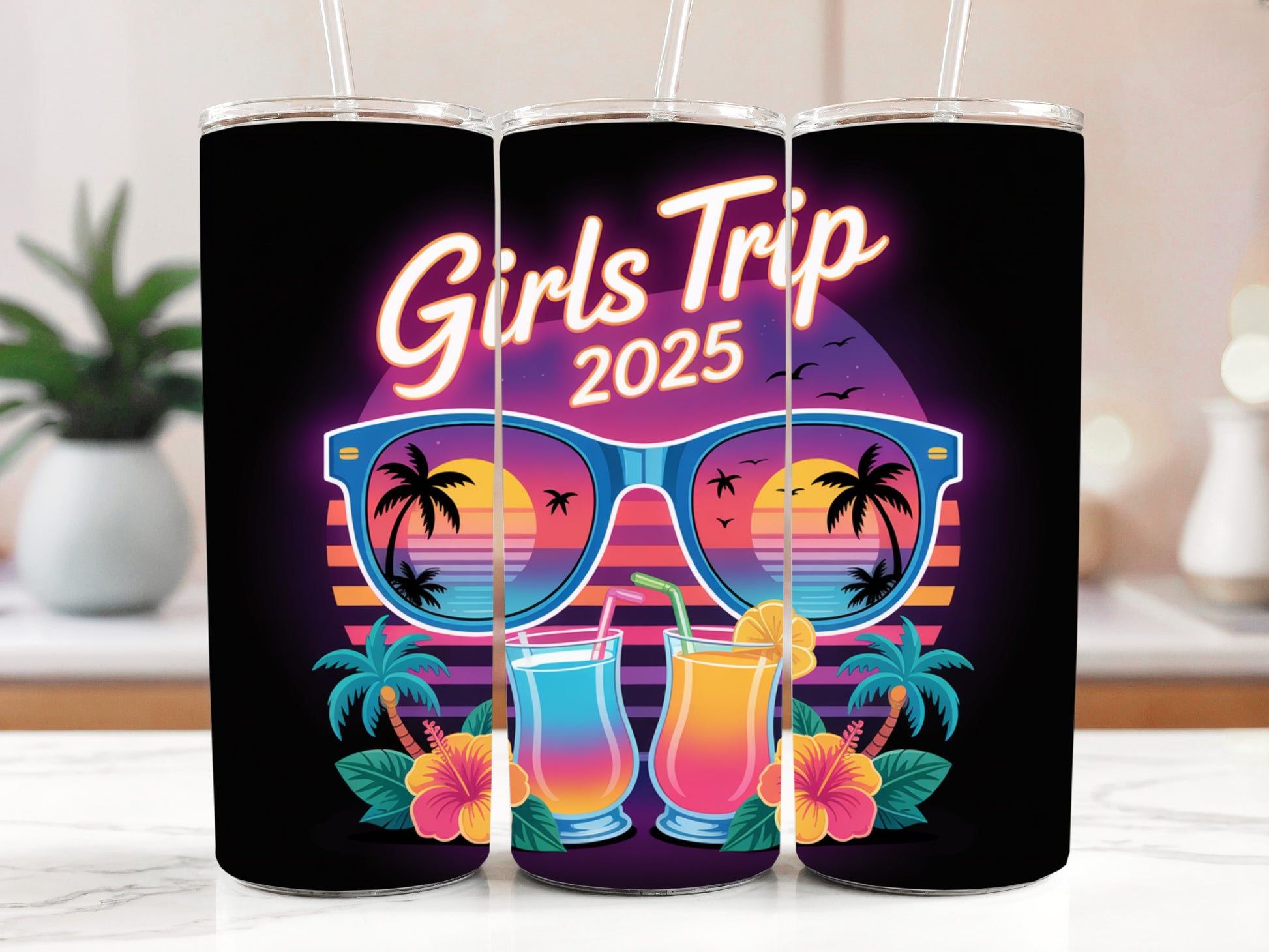 Girls Trip 2025 Steel Water Bottle, Beach Sunset Cocktail Tumbler